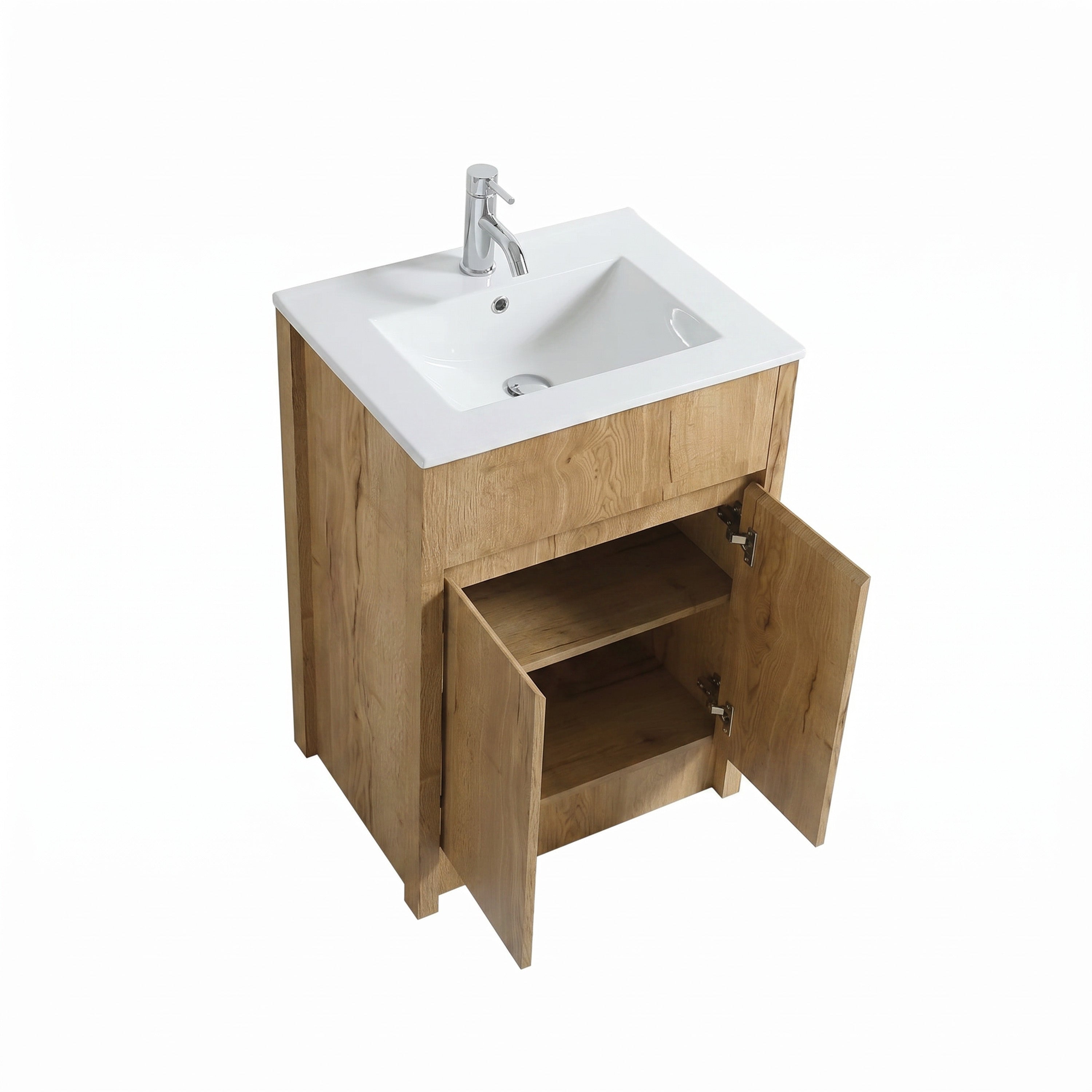 Meuble-lavabo autoportant 24po en chêne givré avec comptoir en céramique blanche