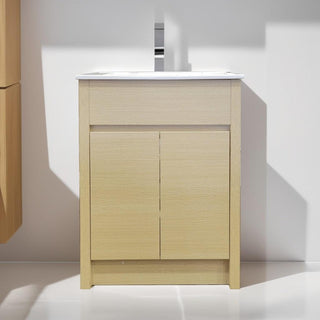 24" Light Oak Freestanding Bathroom Vanity with White Ceramic Countertop - Golden Elite Deco