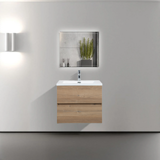 24" Rough Oak Wall Mount Single Sink Bathroom Vanity with White Polymarble Countertop