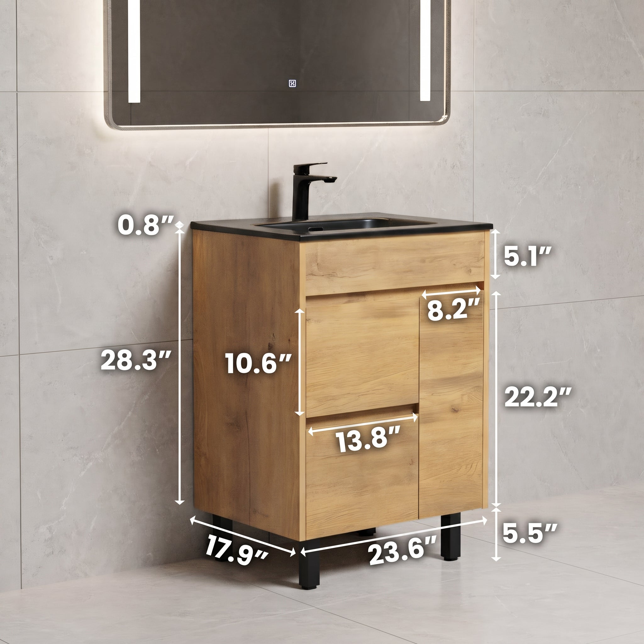 24" Frosted Oak Freestanding Single Sink Bathroom Vanity with Black Ceramic Countetop