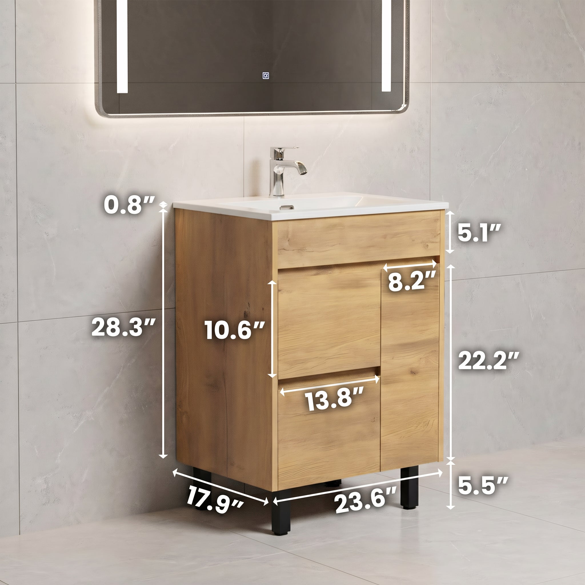 24" Frosted Oak Freestanding Bathroom Vanity with White Ceramic Countertop