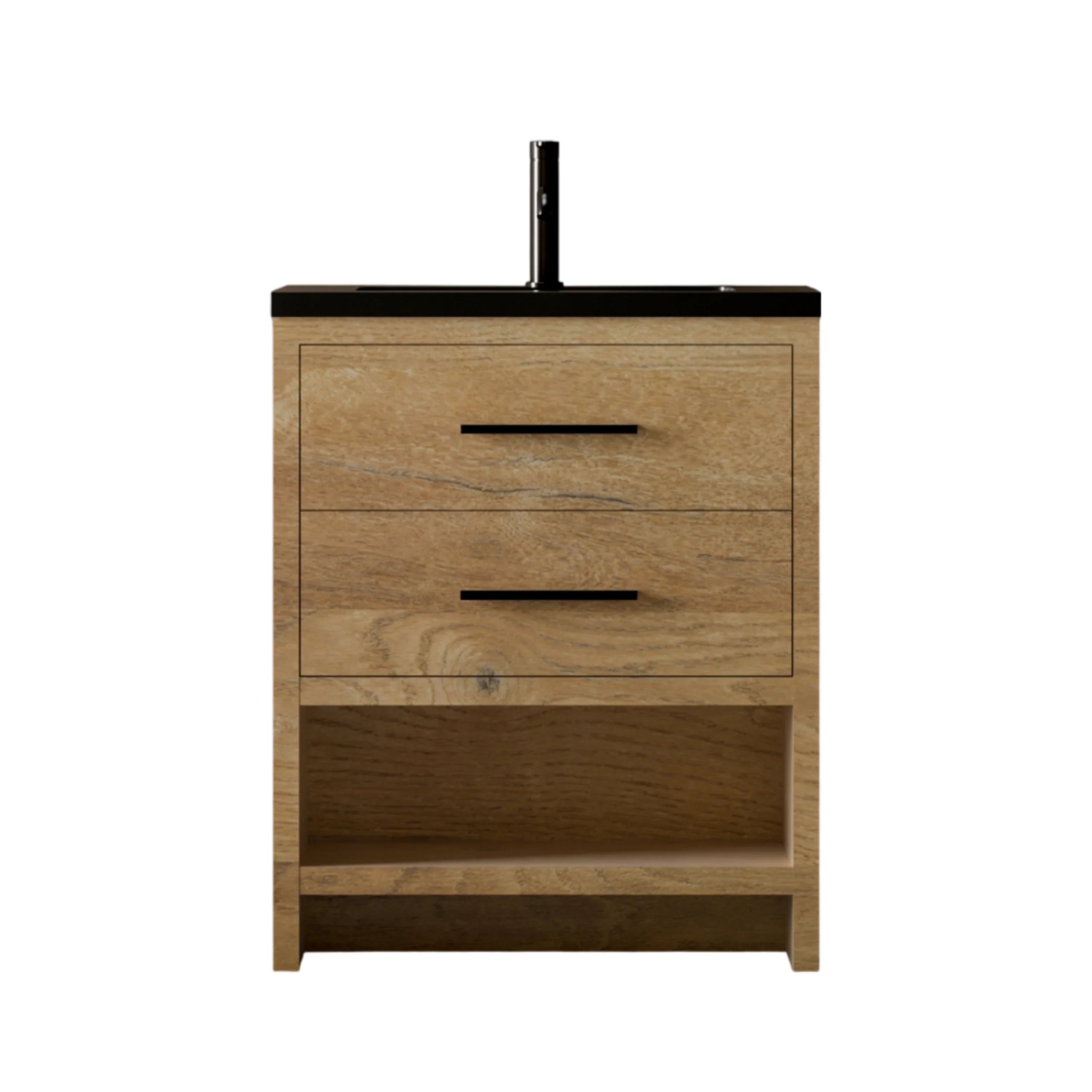 Meuble-lavabo Autoportant 24 po Chêne Brut avec Comptoir en Quartz Noir d’Ingénierie