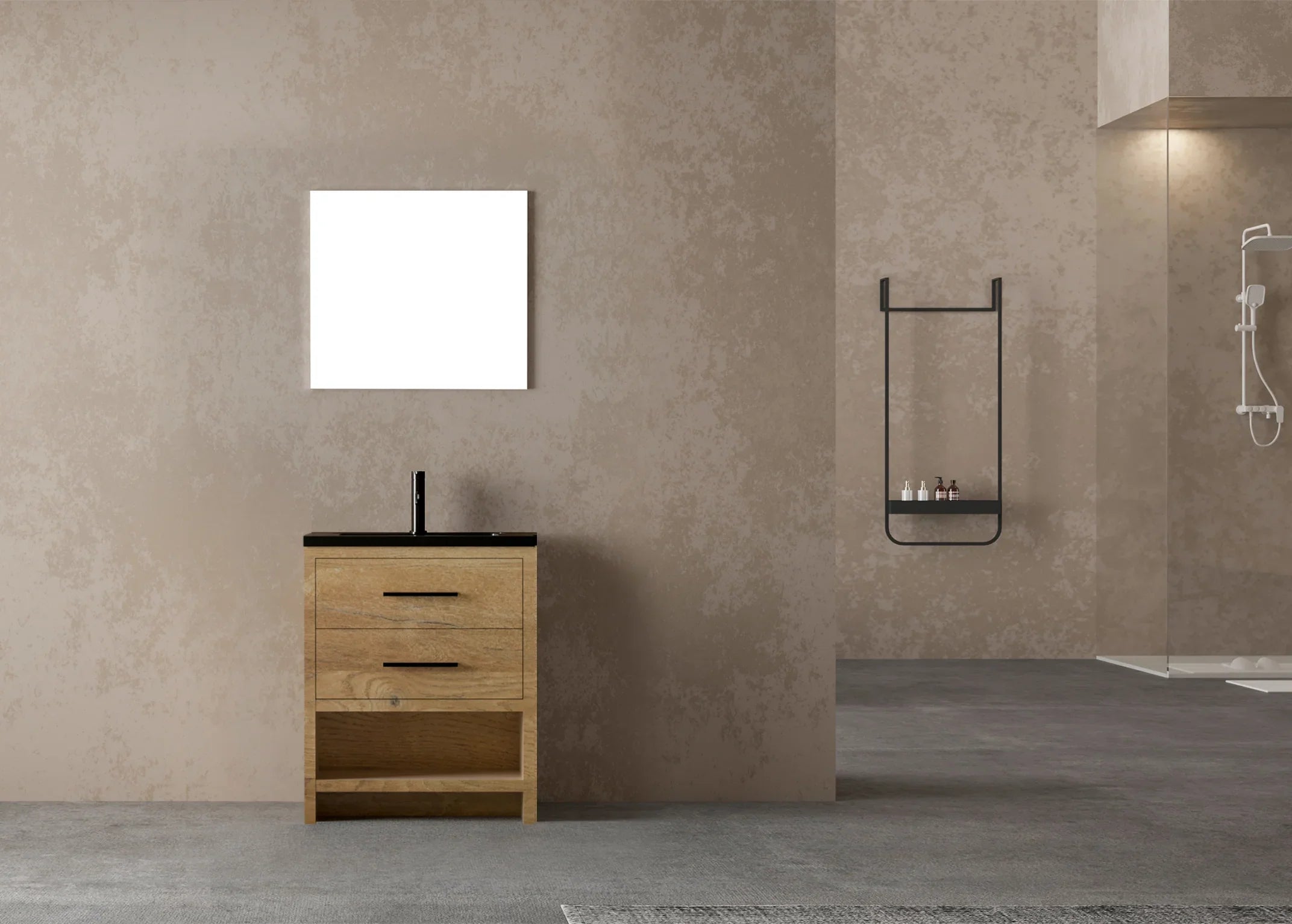 Meuble-lavabo Autoportant 24 po Chêne Brut avec Comptoir en Quartz Noir d’Ingénierie