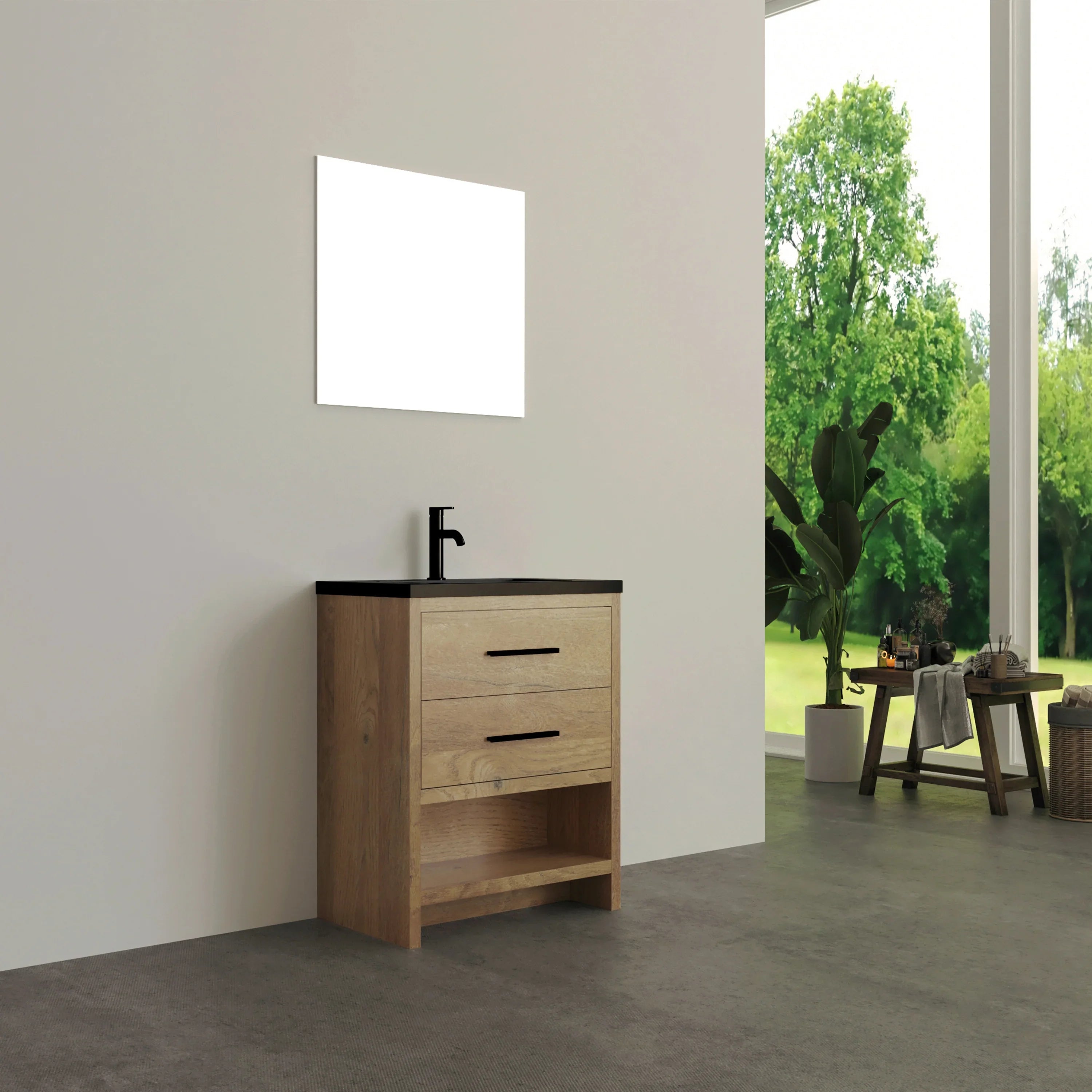 Meuble-lavabo Autoportant 24 po Chêne Brut avec Comptoir en Quartz Noir d’Ingénierie