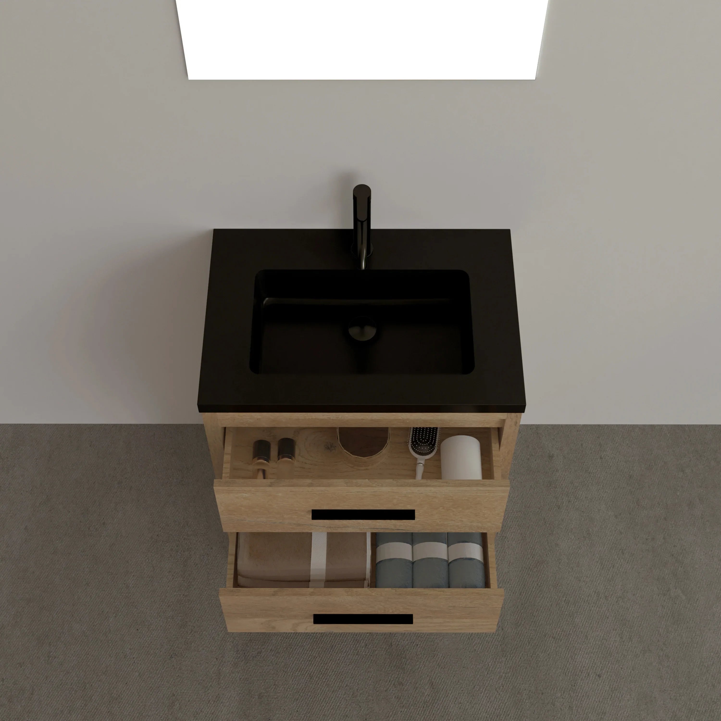 Meuble-lavabo Autoportant 24 po Chêne Brut avec Comptoir en Quartz Noir d’Ingénierie