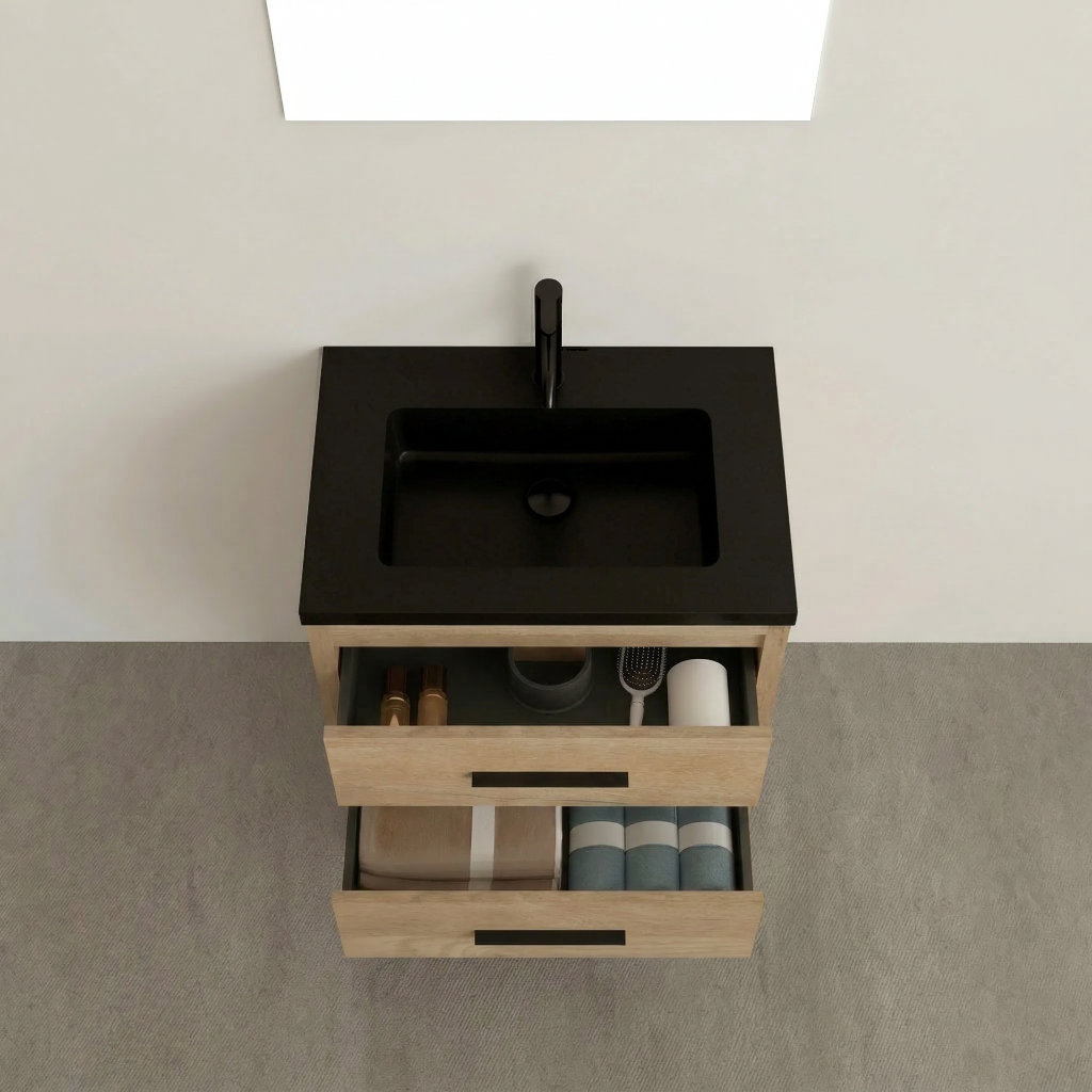 24" Rough Oak Freestanding Bathroom Vanity with Black Engineered Quartz Countertop