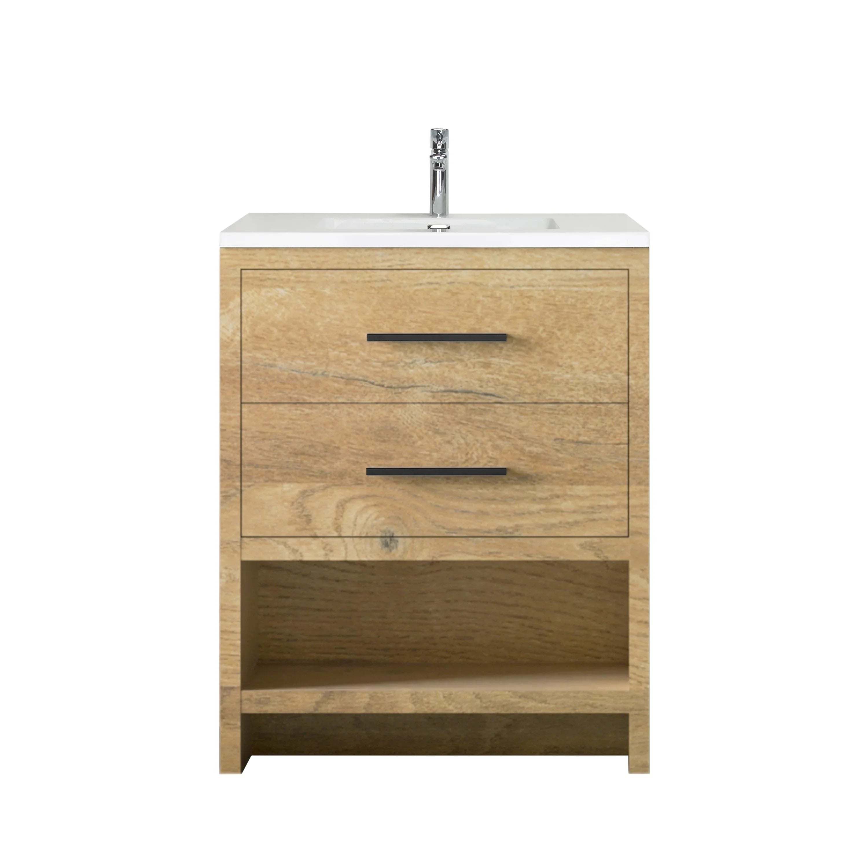 Meuble-lavabo Autoportant 24 po Chêne Brut avec Comptoir en Polymarbre Blanc