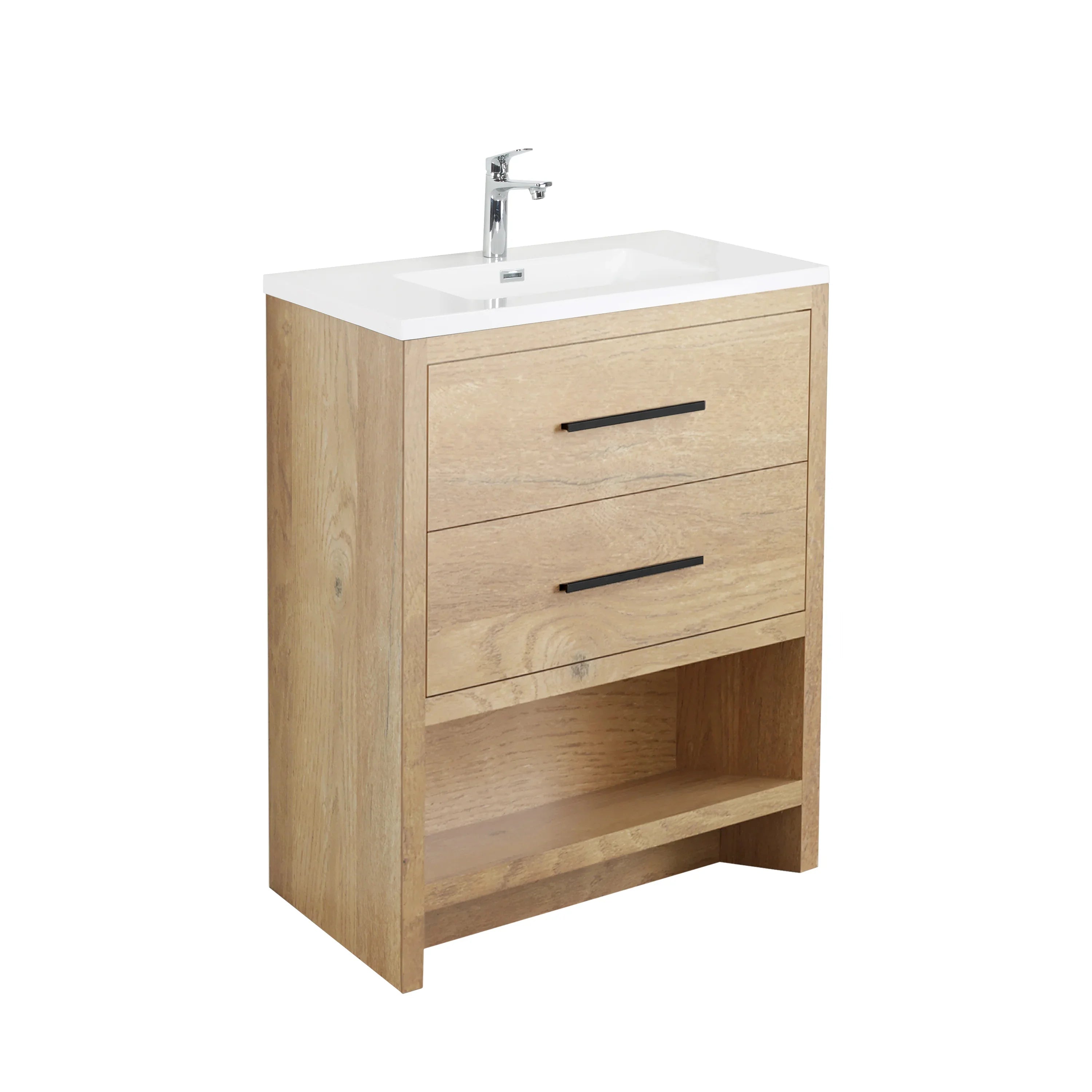 Meuble-lavabo Autoportant 24 po Chêne Brut avec Comptoir en Polymarbre Blanc