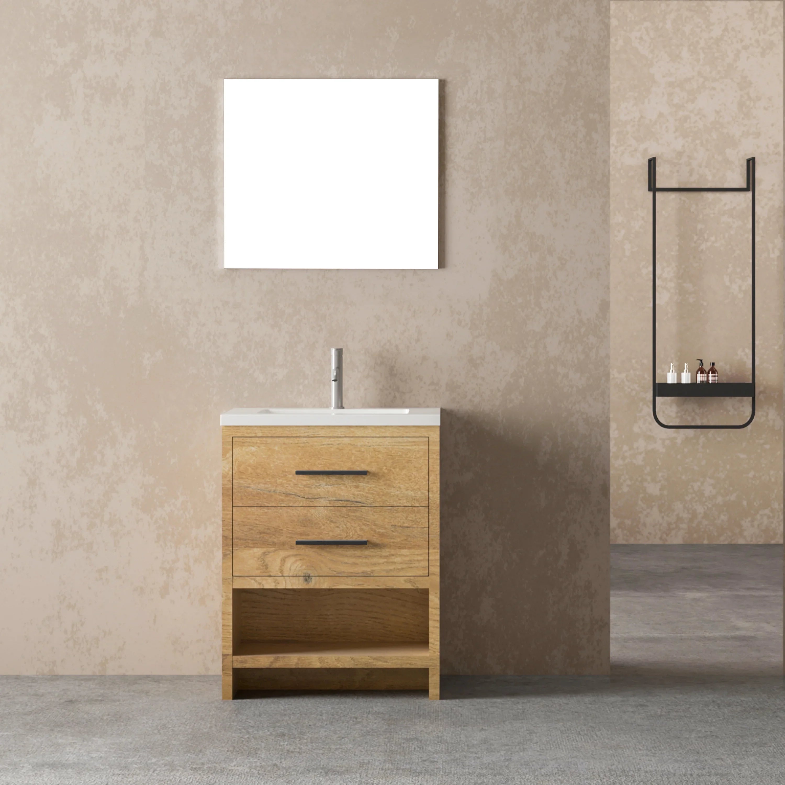 Meuble-lavabo Autoportant 24 po Chêne Brut avec Comptoir en Polymarbre Blanc