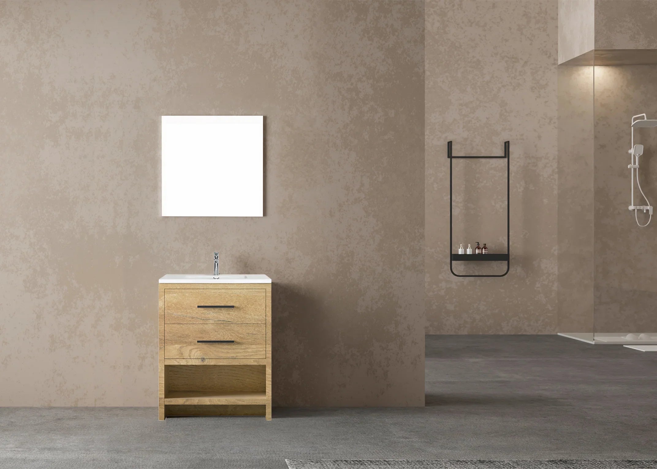 Meuble-lavabo Autoportant 24 po Chêne Brut avec Comptoir en Polymarbre Blanc