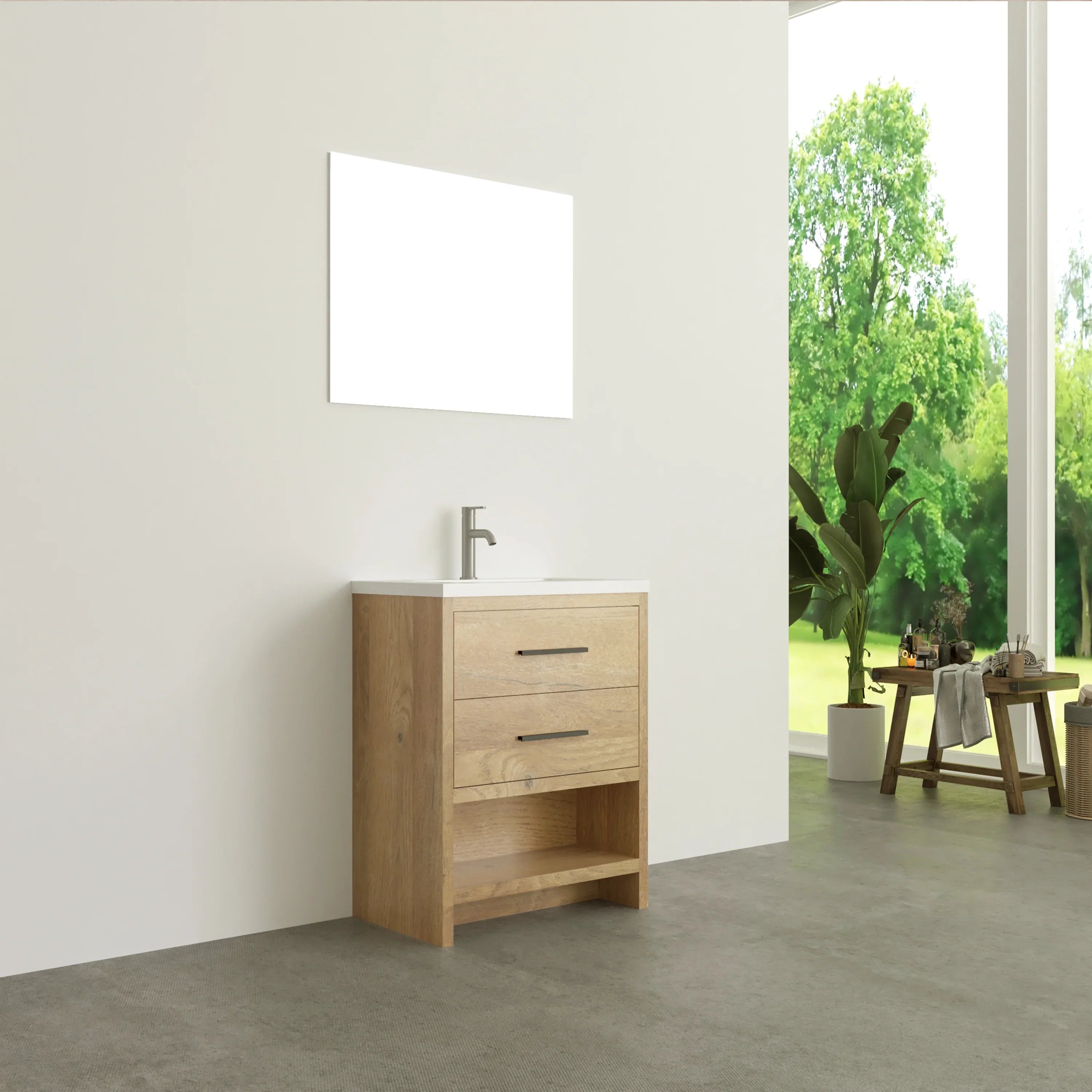 Meuble-lavabo Autoportant 24 po Chêne Brut avec Comptoir en Polymarbre Blanc