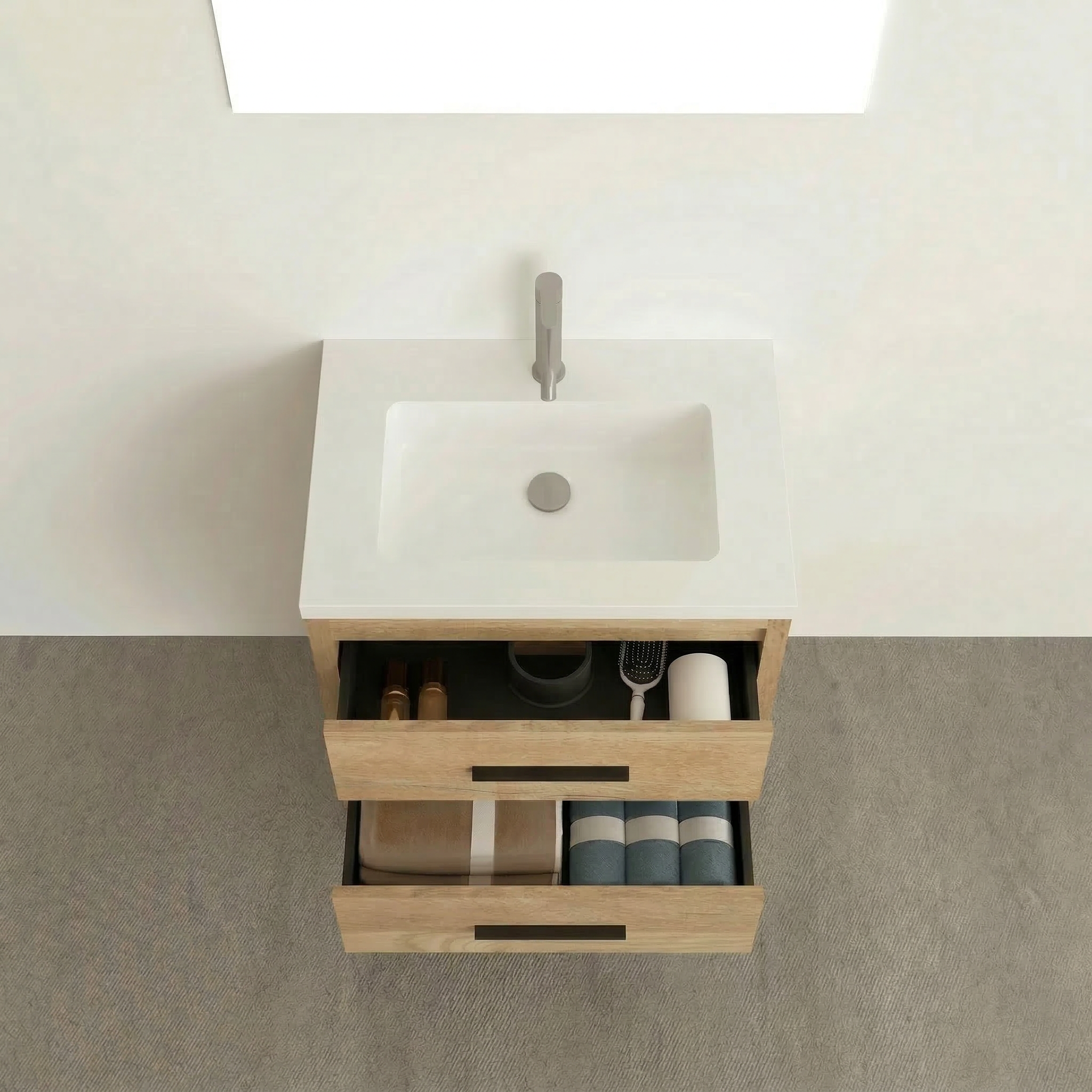 Meuble-lavabo Autoportant 24 po Chêne Brut avec Comptoir en Polymarbre Blanc
