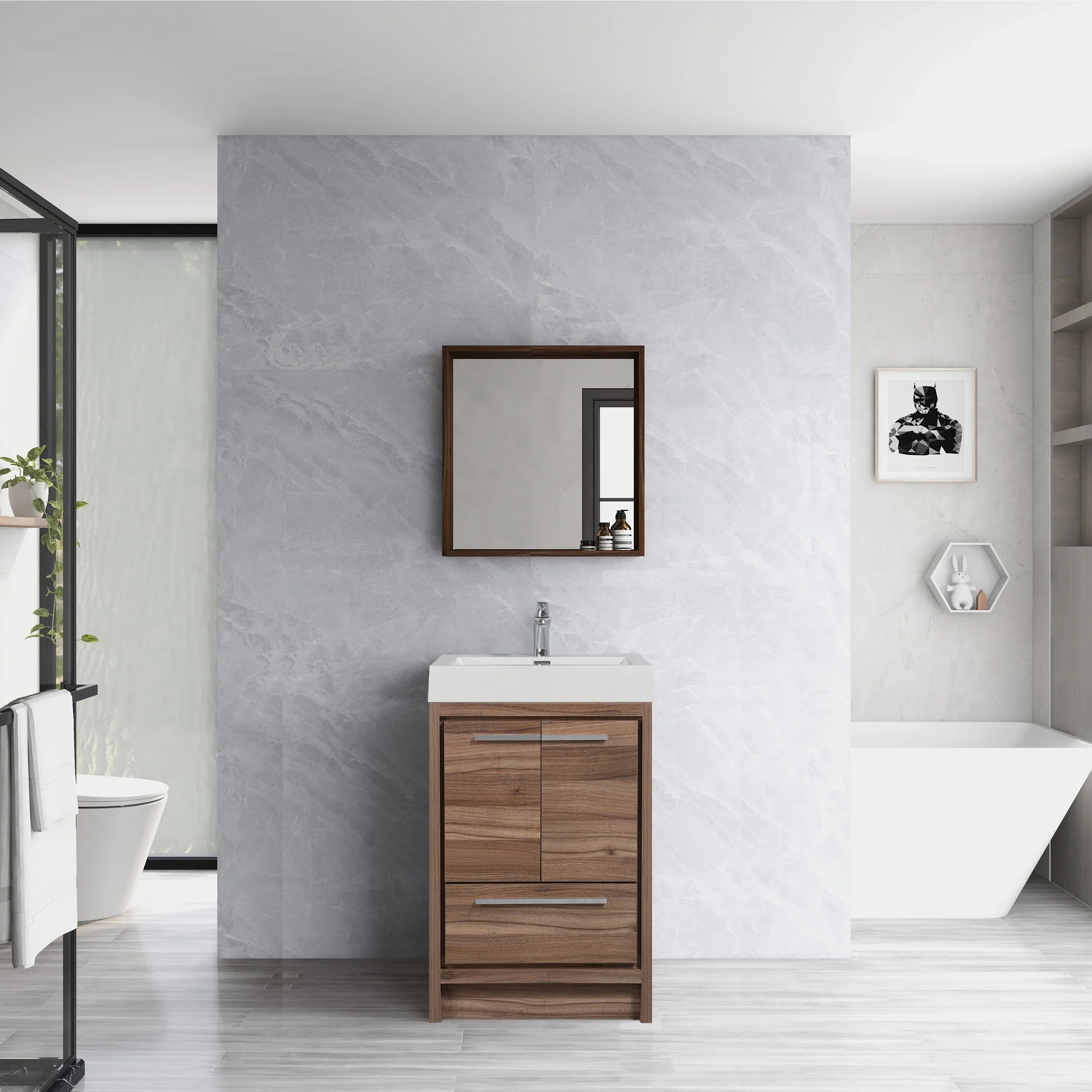 24" Walnut Freestanding Bathroom Vanity with White Polymarble Countertop