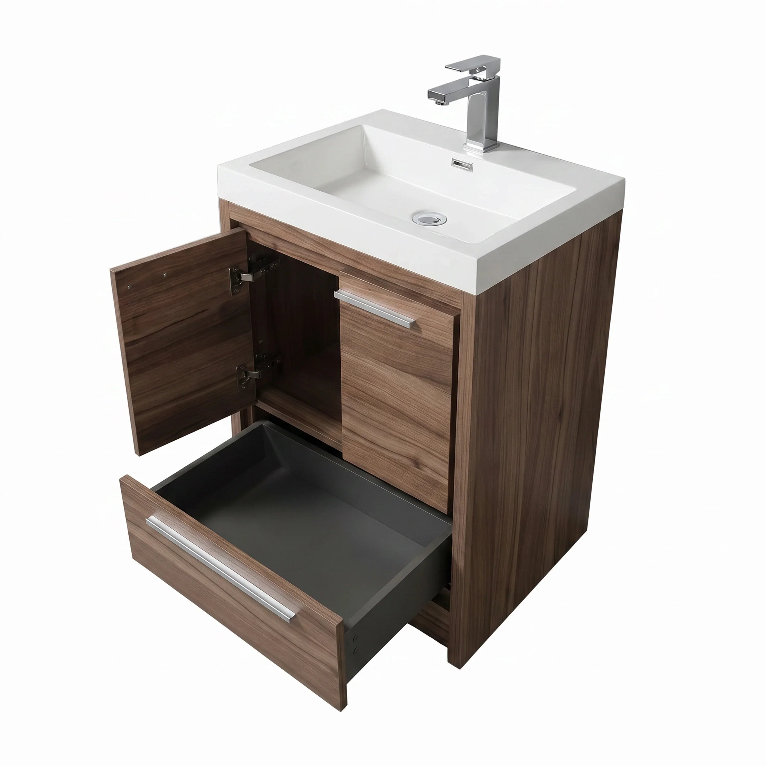 Meuble-Lavabo Autoportant 24po Noyer avec Comptoir de Polymarbre Blanc