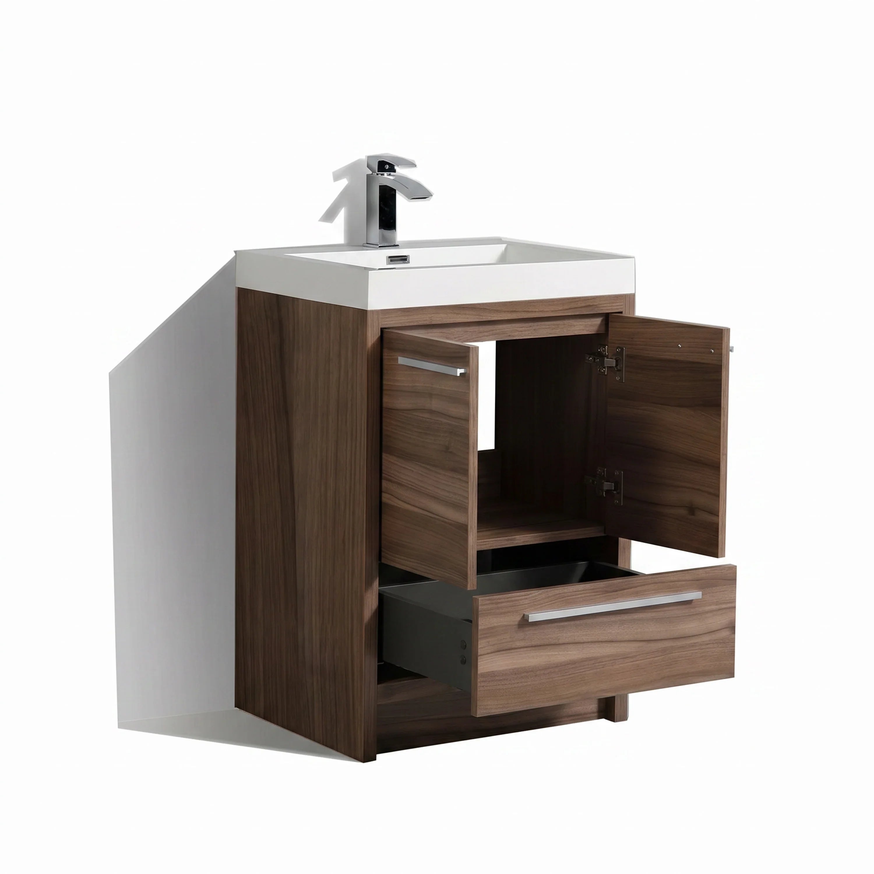 Meuble-Lavabo Autoportant 24po Noyer avec Comptoir de Polymarbre Blanc