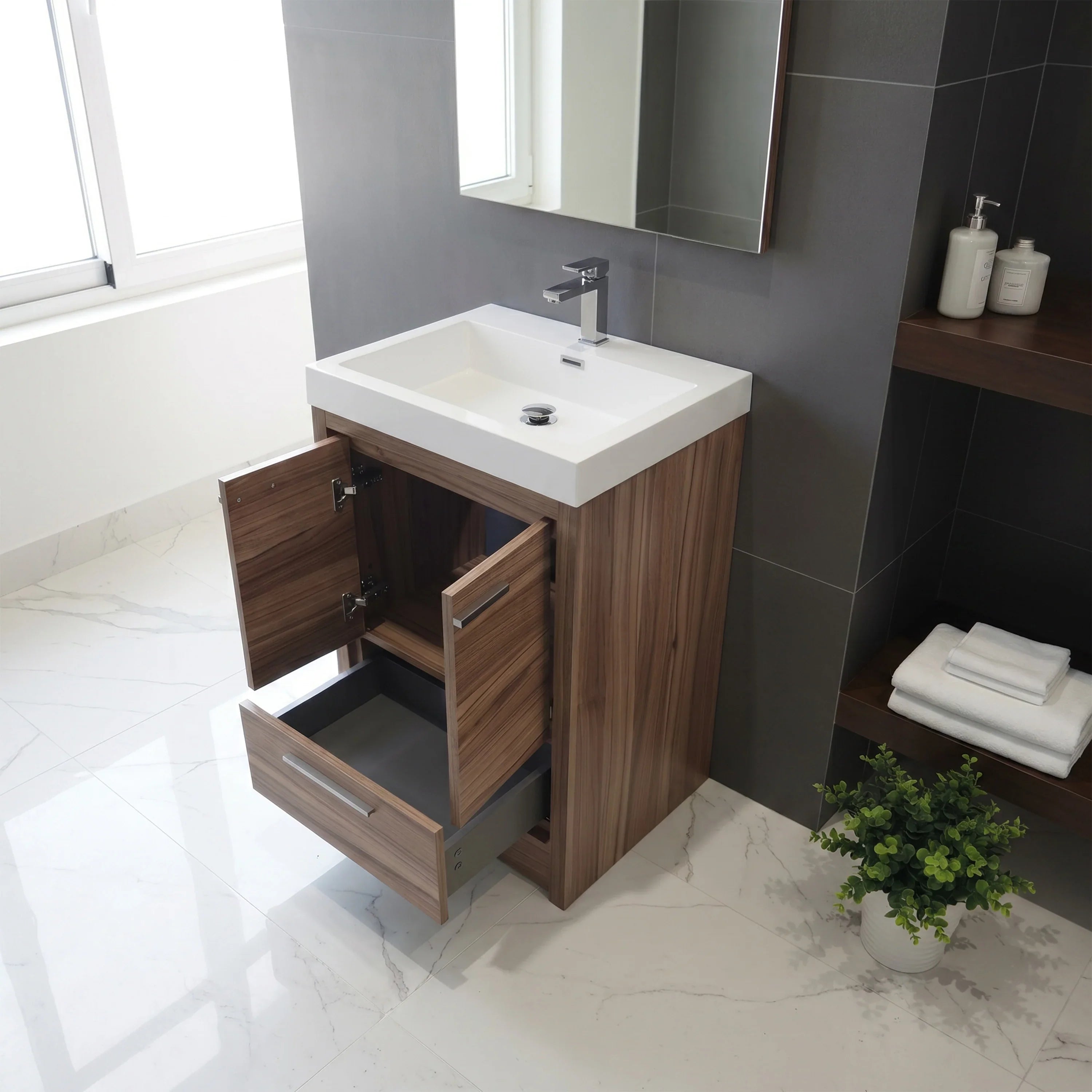 Meuble-Lavabo Autoportant 24po Noyer avec Comptoir de Polymarbre Blanc