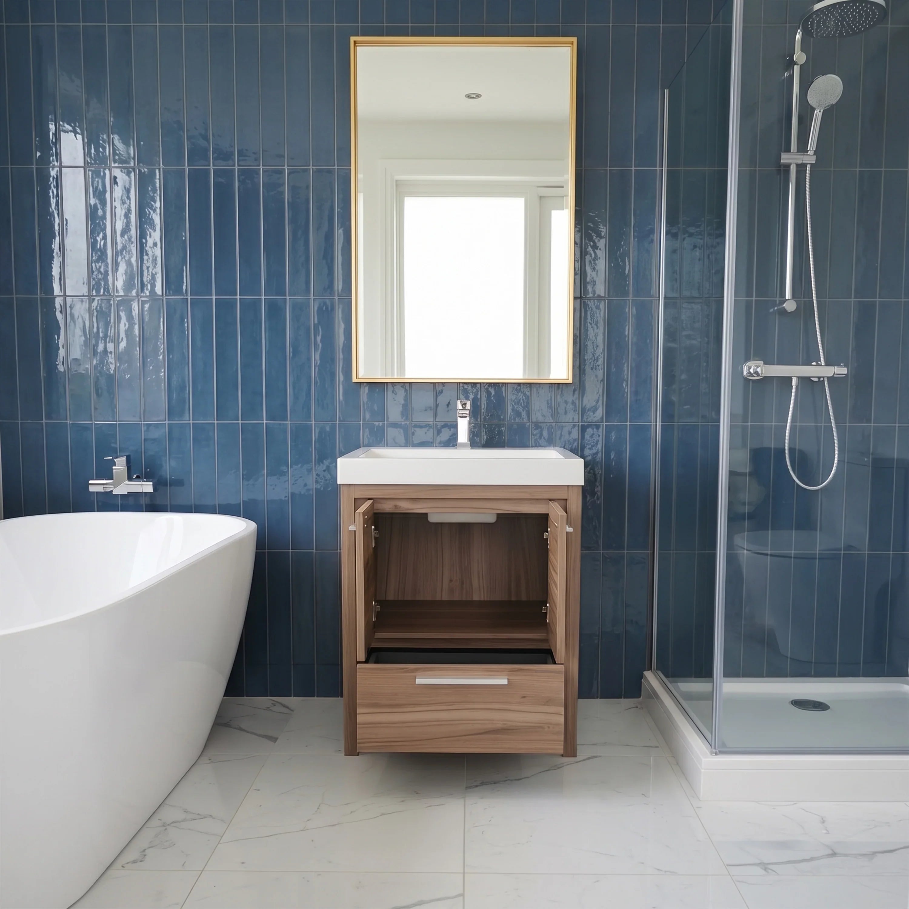Meuble-Lavabo Autoportant 24po Noyer avec Comptoir de Polymarbre Blanc
