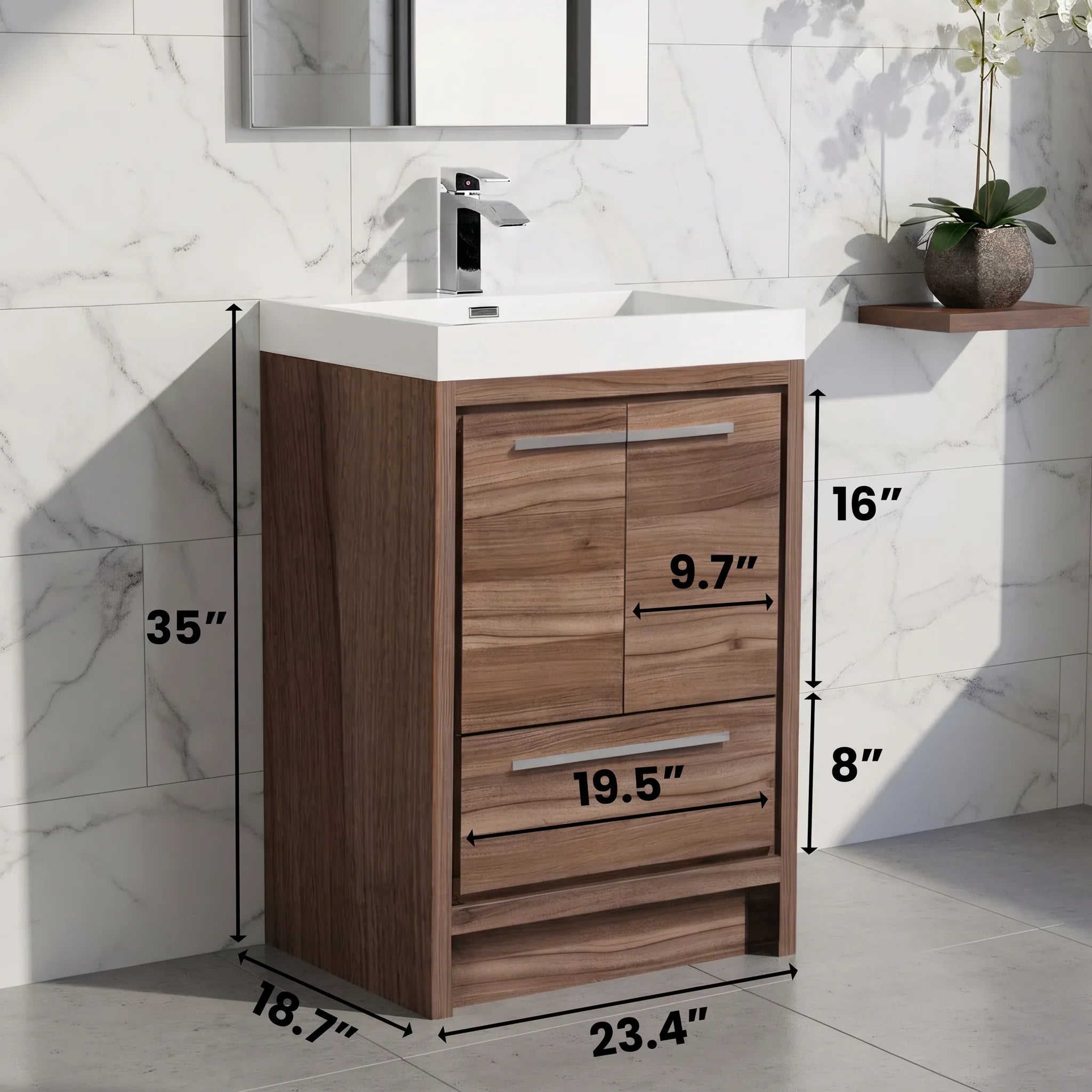Meuble-Lavabo Autoportant 24po Noyer avec Comptoir de Polymarbre Blanc