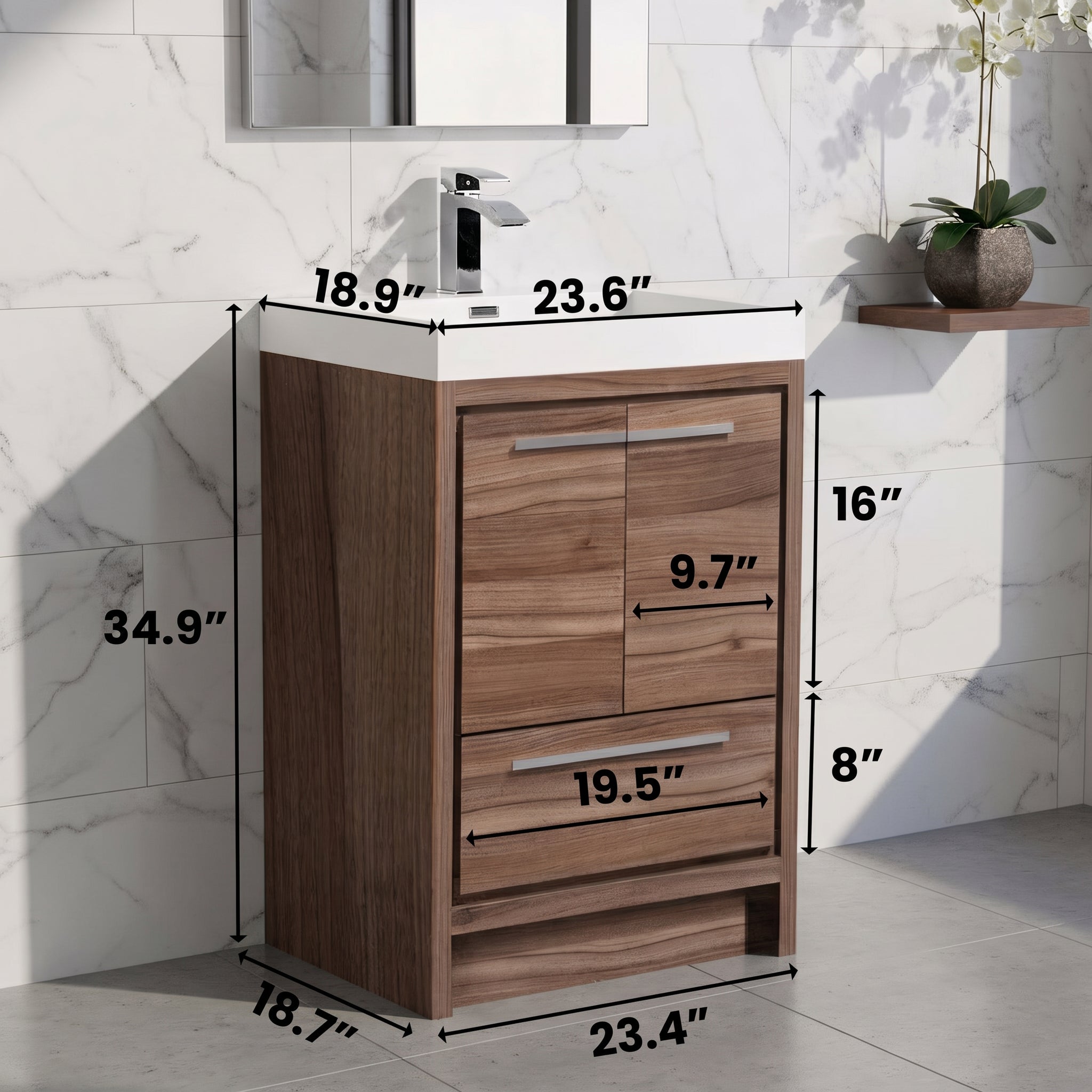 24" Walnut Freestanding Bathroom Vanity with White Polymarble Countertop