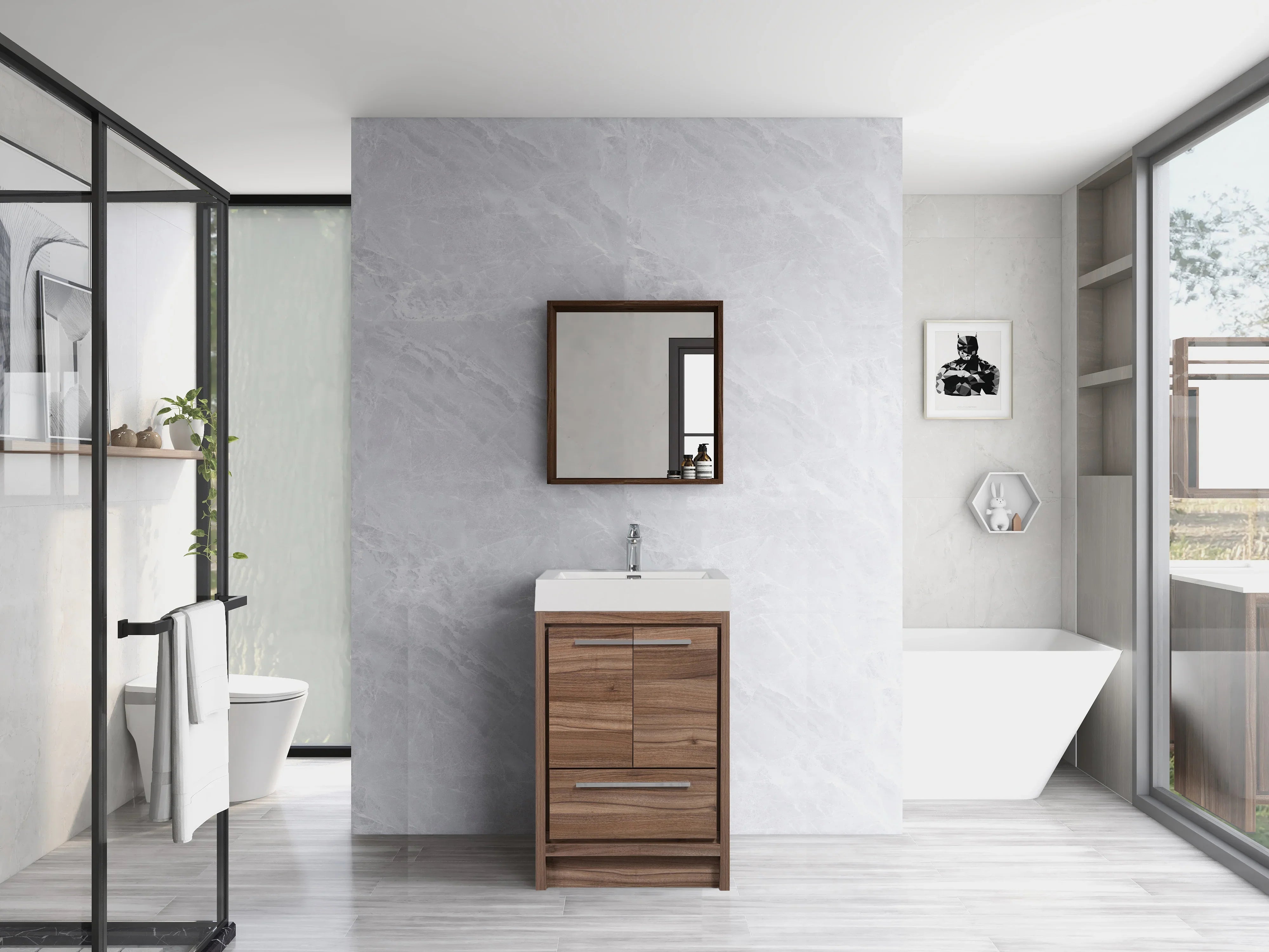 24" Walnut Freestanding Bathroom Vanity with White Polymarble Countertop