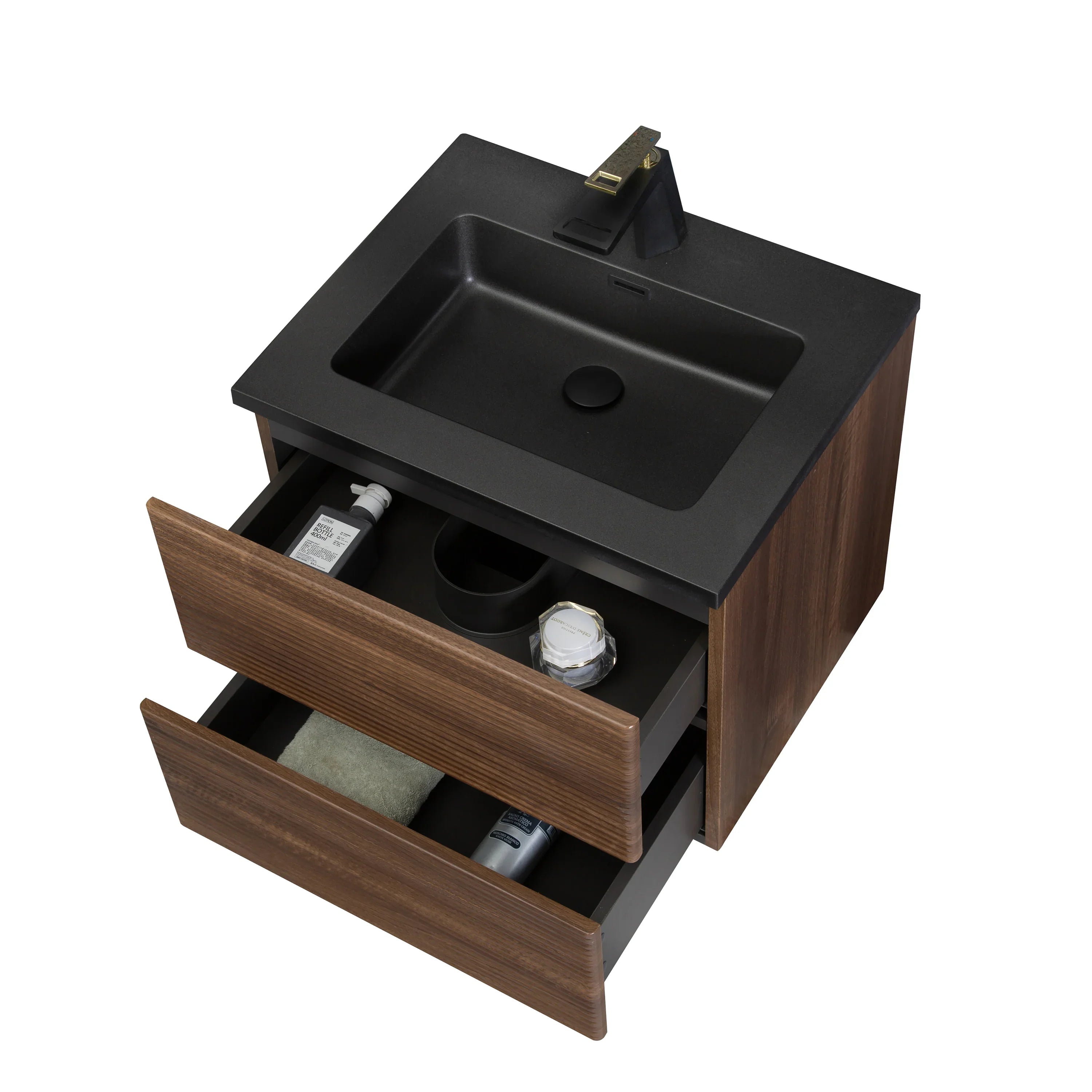 Meuble-Lavabo Mural 24po Noyer avec Comptoir de Quartz d'ingénierie Noir