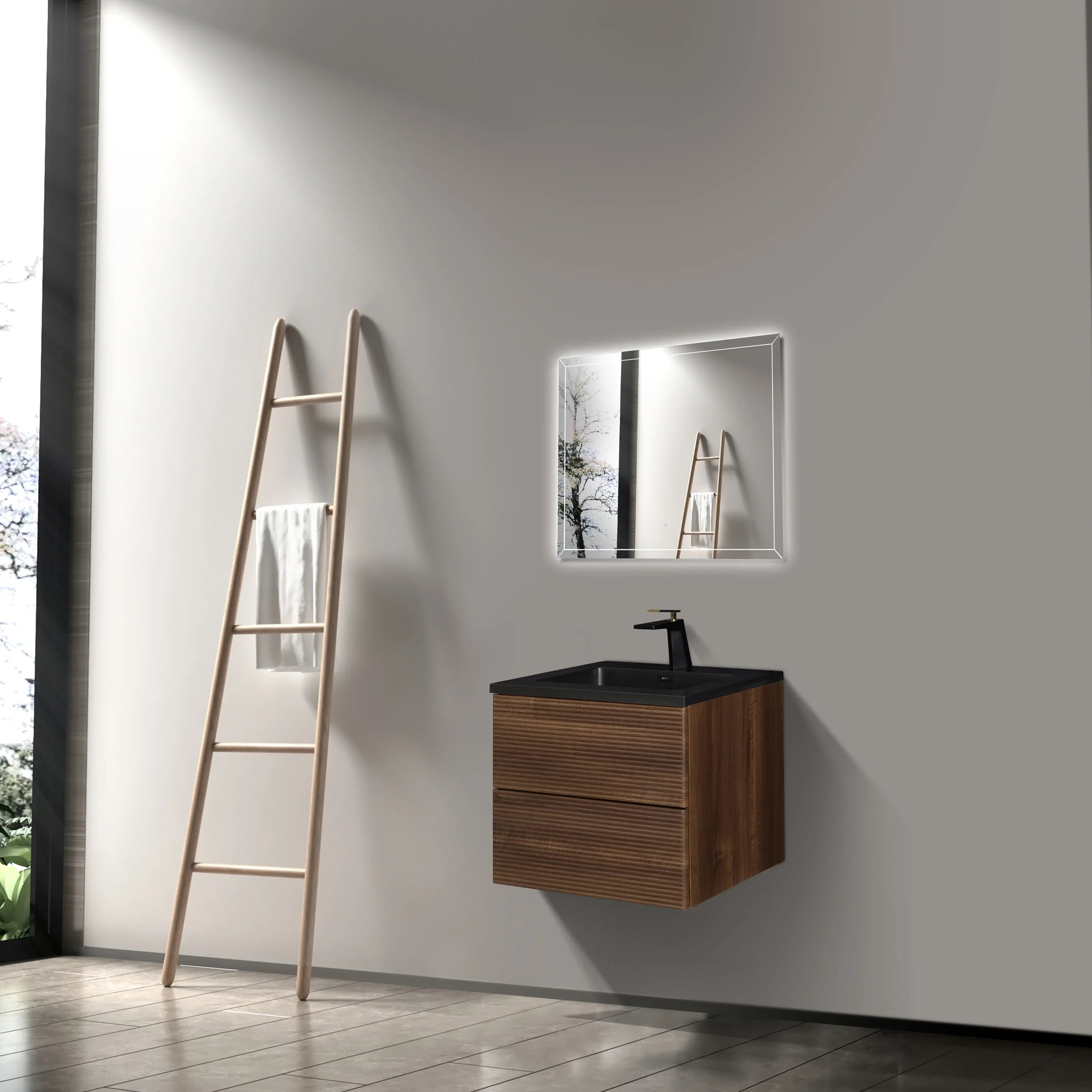 Meuble-Lavabo Mural 24po Noyer avec Comptoir de Quartz d'ingénierie Noir