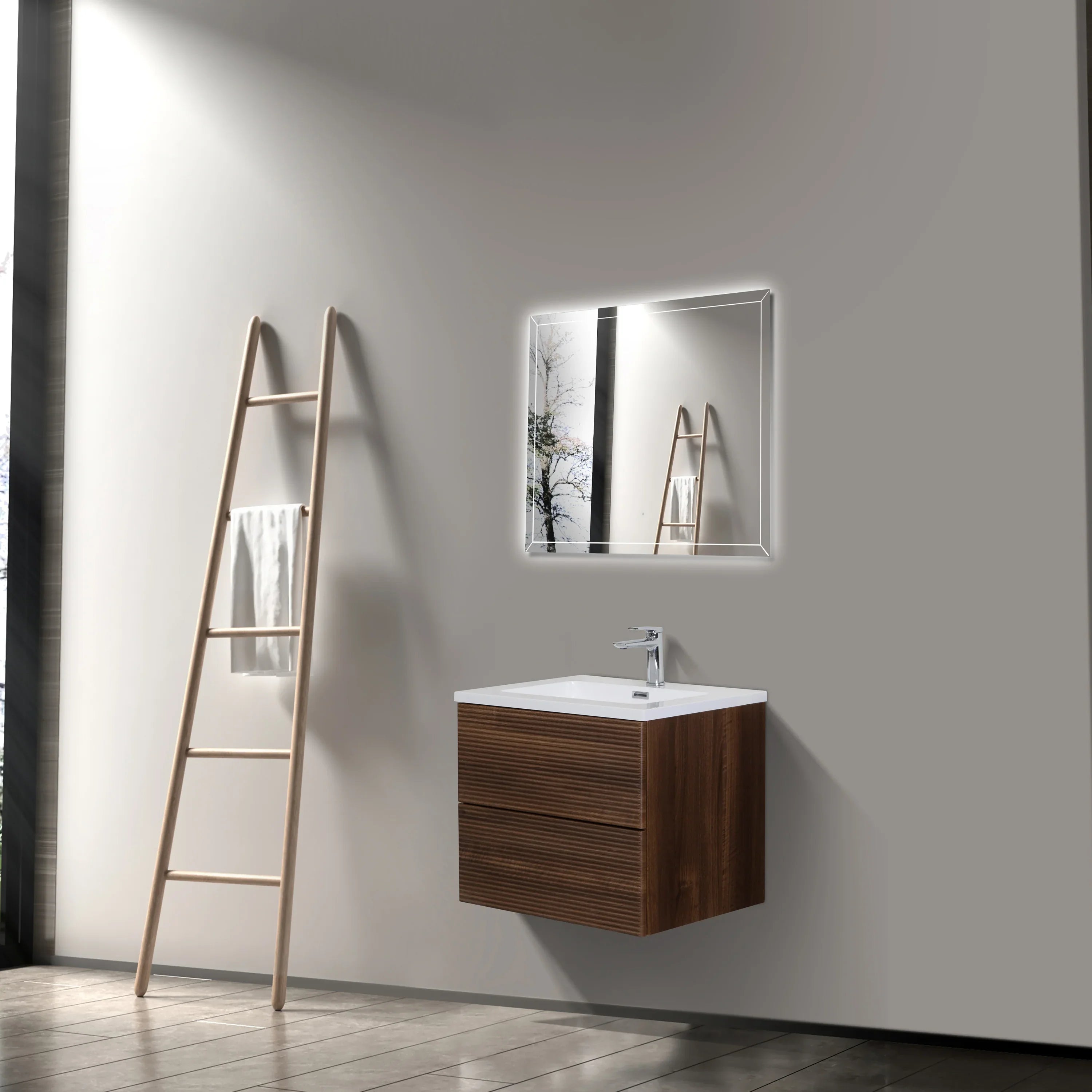 Meuble-Lavabo Mural 24po Noyer avec Comptoir de Polymarbre Blanc