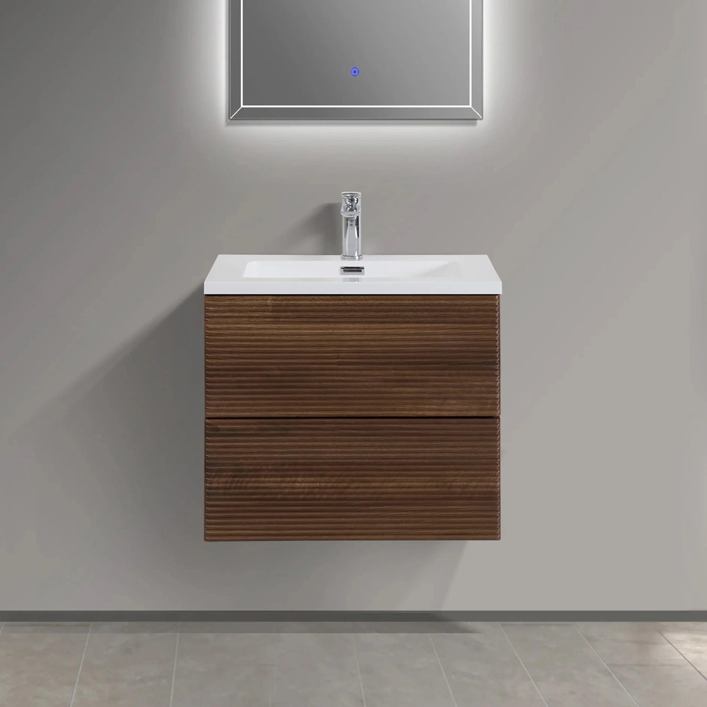 Meuble-Lavabo Mural 24po Noyer avec Comptoir de Polymarbre Blanc