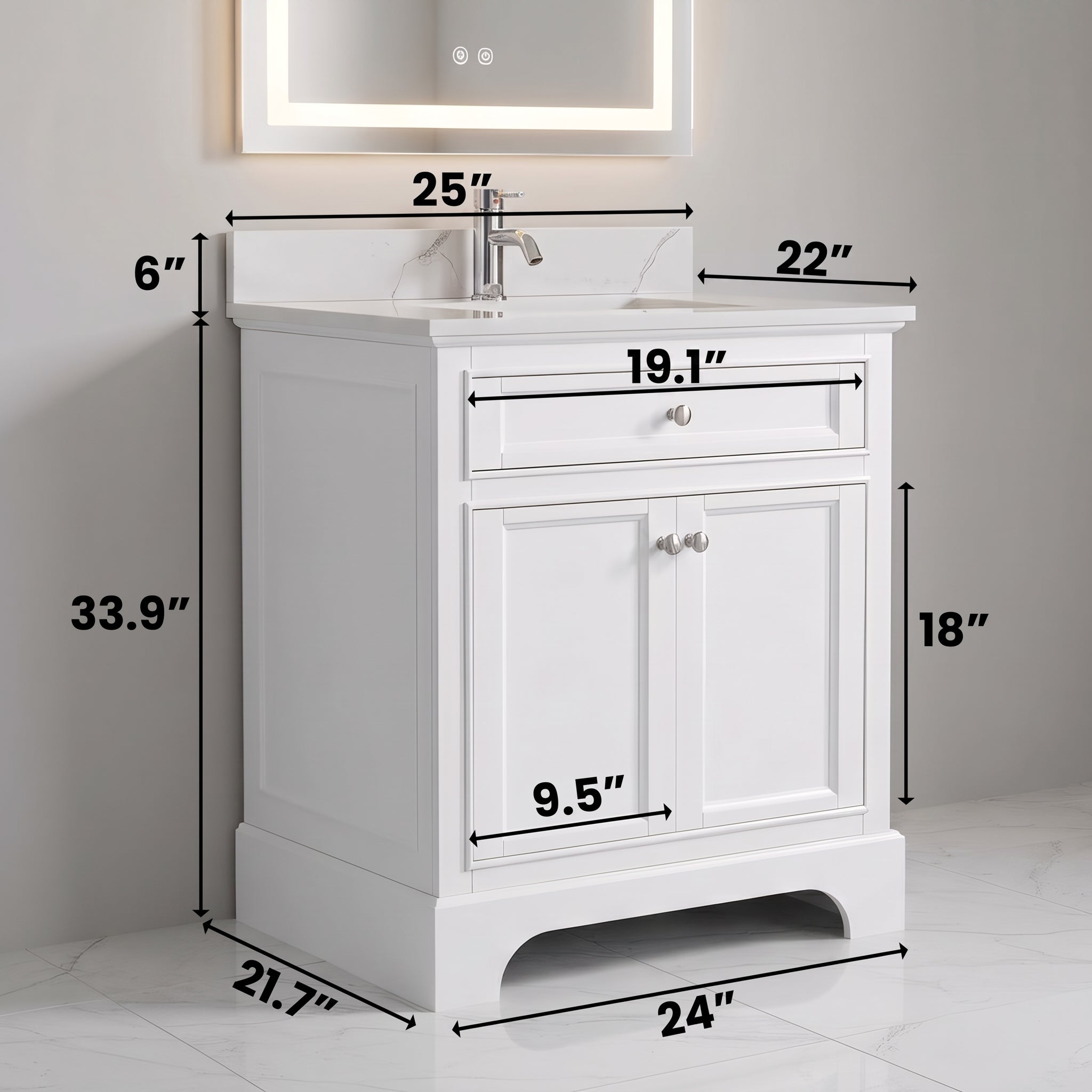 24" White Freestanding Single Sink Bathroom Vanity with Engineered Calcutta Marble Countertop