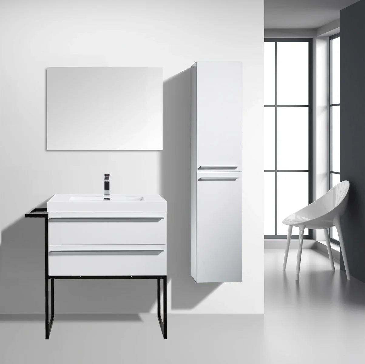 24" White Wall Mount Bathroom Vanity with White Polymarble Countertop