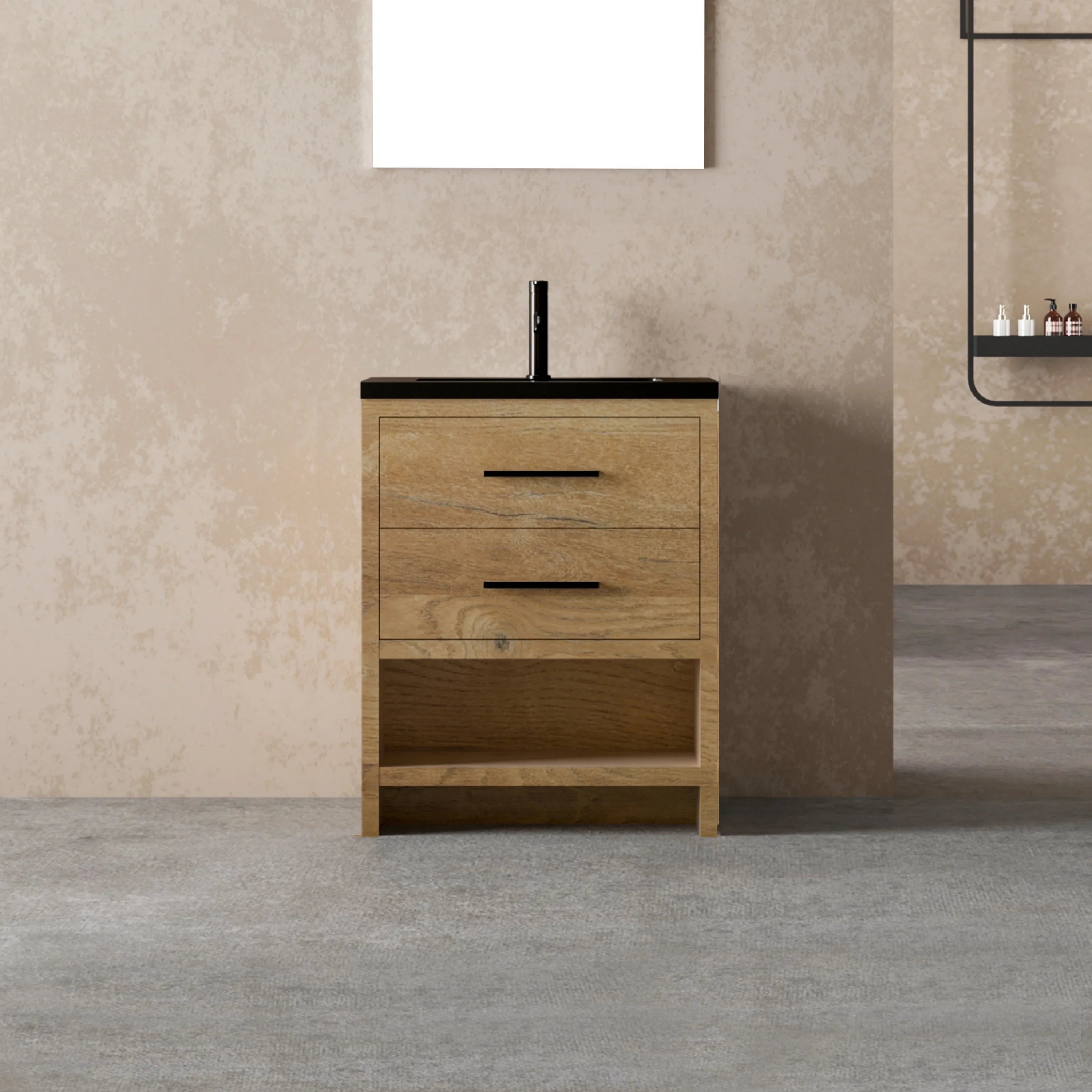 Meuble-lavabo Autoportant 24 po Chêne Brut avec Comptoir en Quartz Noir d’Ingénierie