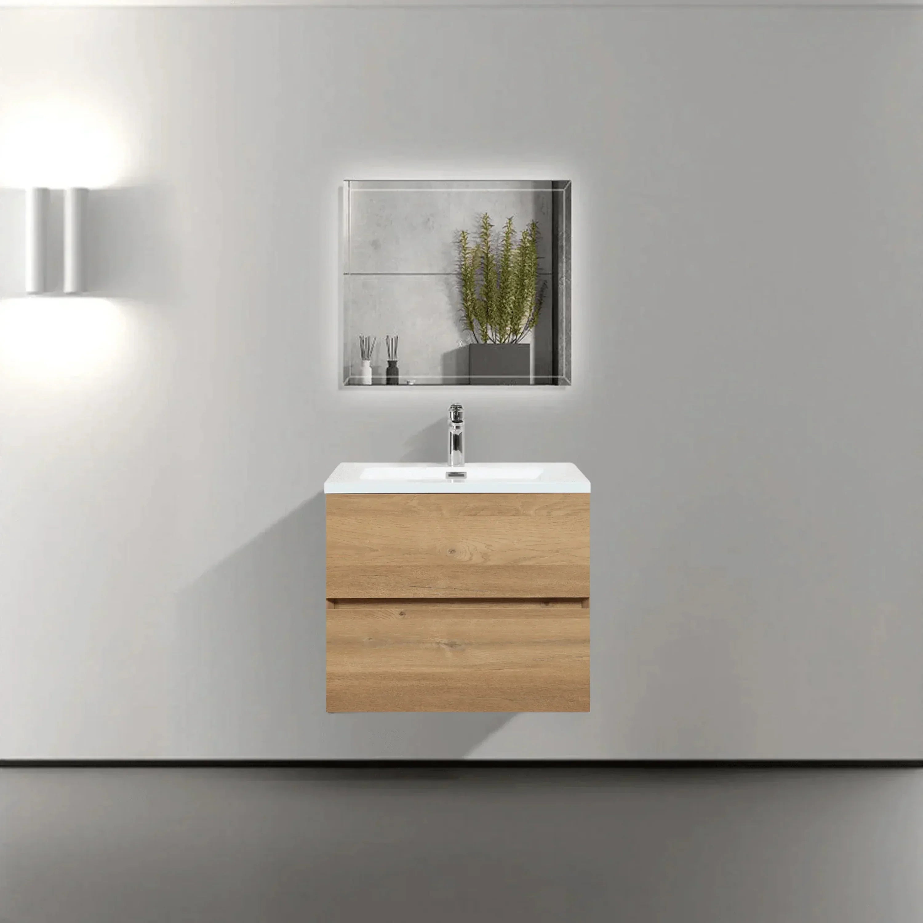 24" Rough Oak Wall Mount Bathroom Vanity with White Polymarble Countertop