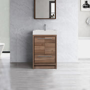 24" Walnut Freestanding Bathroom Vanity with White Polymarble Countertop