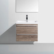 24" Soft Oak Wall Mount Bathroom Vanity with White Polymarble Countertop