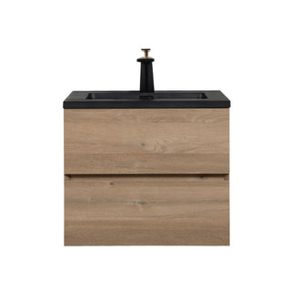 24 Rough Oak Wall Mount Bathroom Vanity with Black Engineered Quartz Countertop Edge - Golden Elite Deco