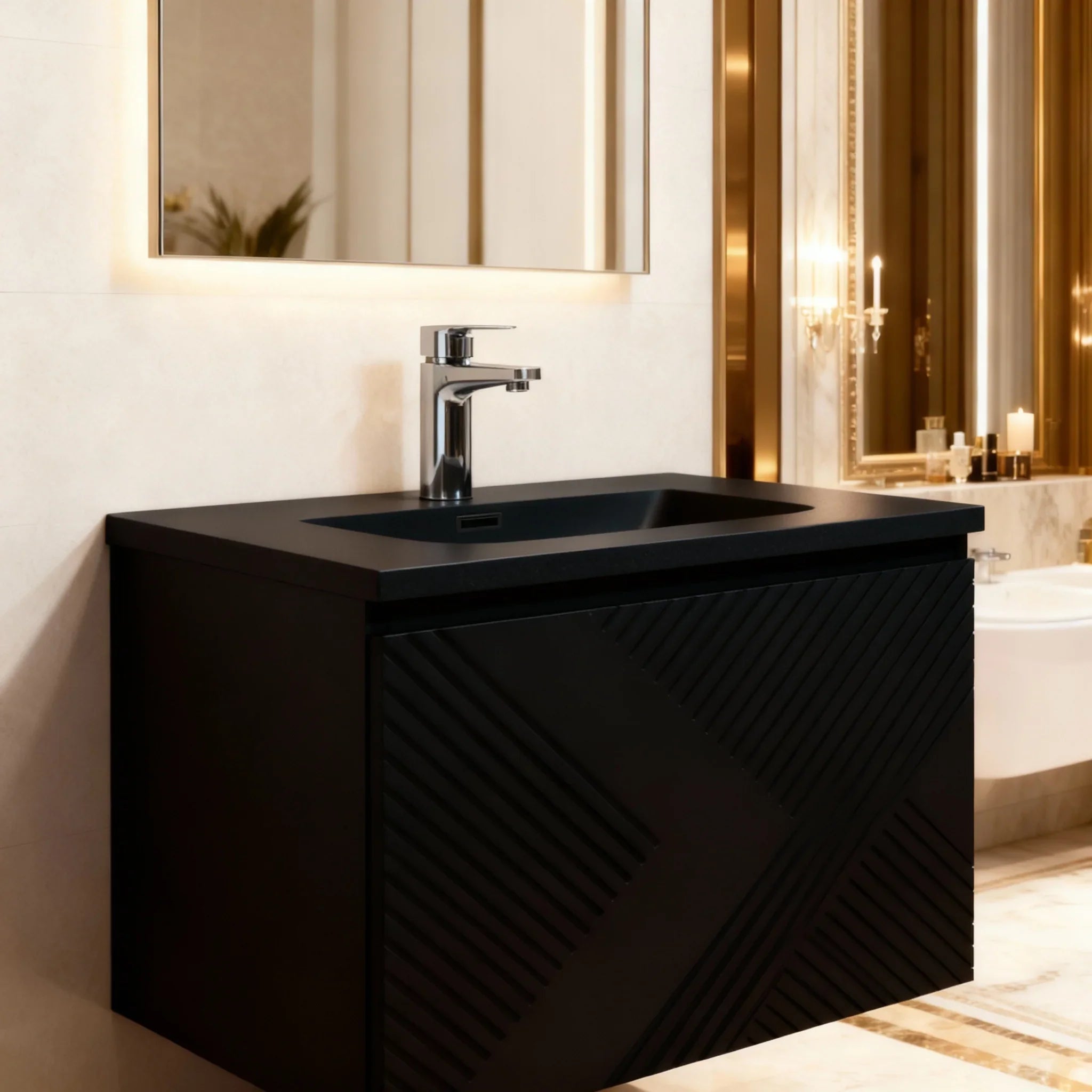 Meuble-lavabo mural noir 36" avec Comptoir en quartz noir conçu Roxboro