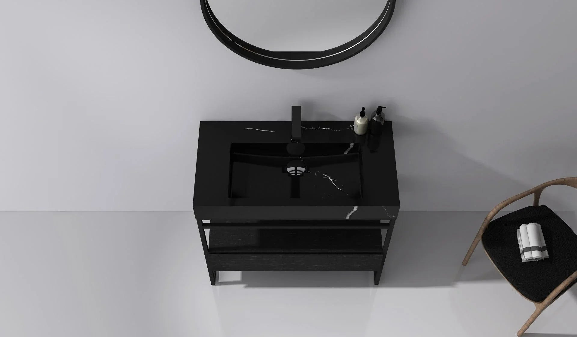 36" Black Oak Freestanding Bathroom Vanity with Black Marble Countertop - Golden Elite Deco