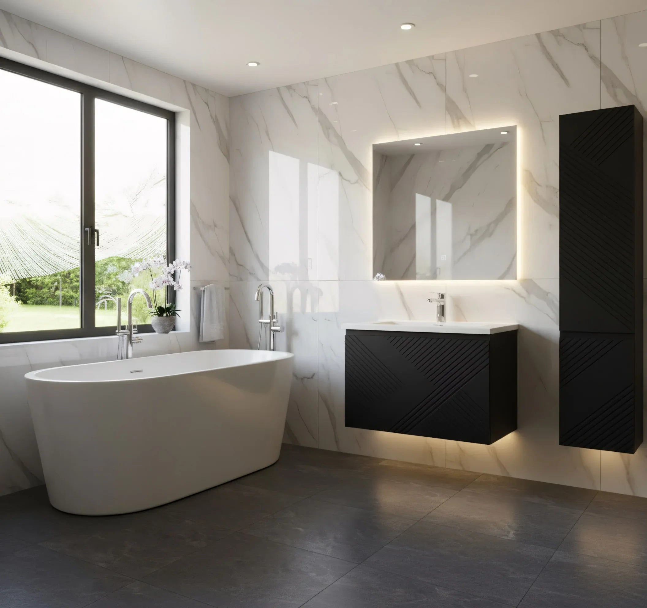 Meuble-Lavabo Mural 36po Noir avec Comptoir en Polymarbre Blanc