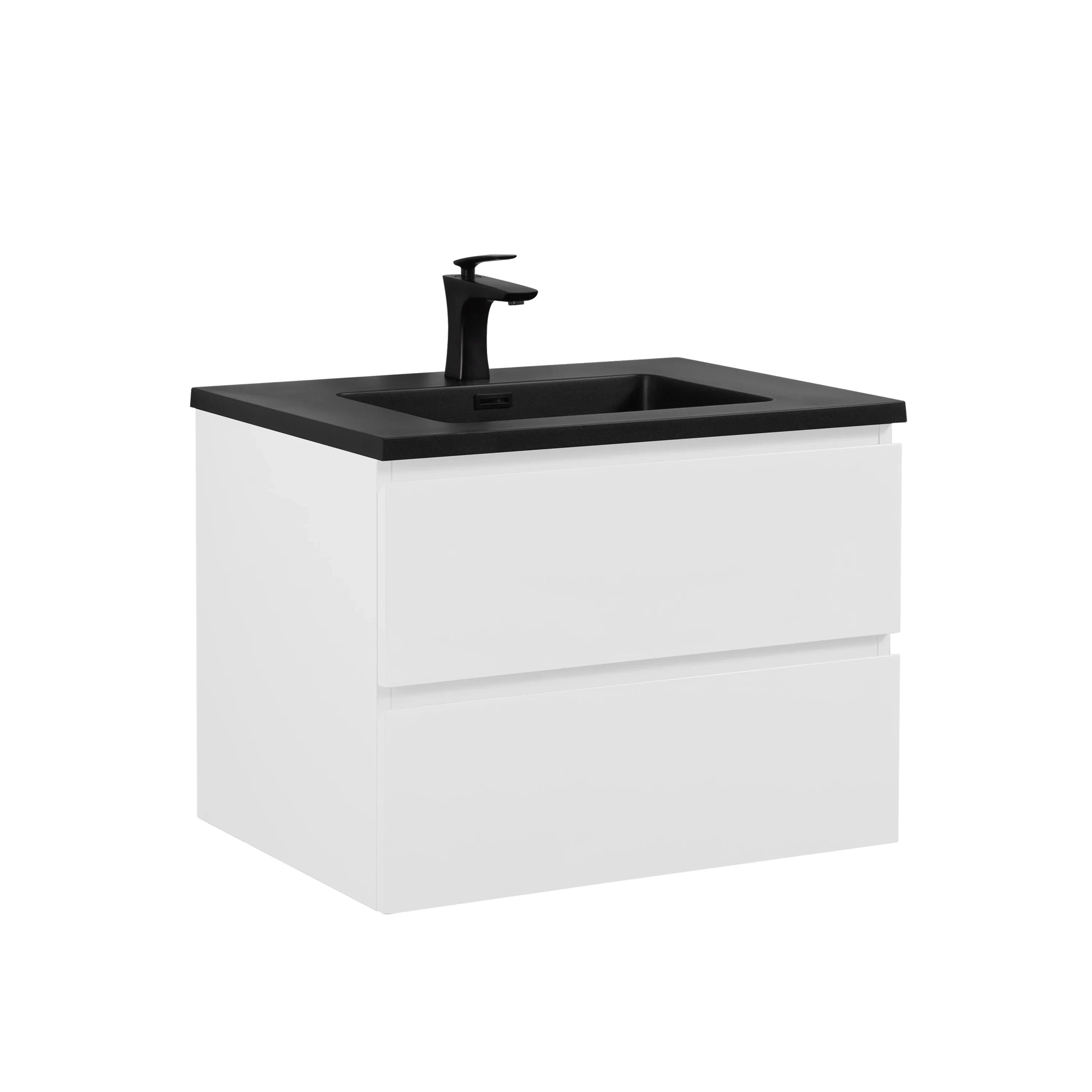 28" Glossy White Wall Mount Single Sink Bathroom Vanity with Black Engineered Quartz Countertop