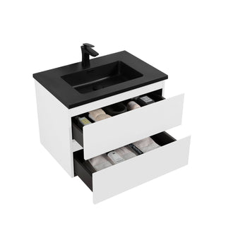 Meuble-Lavabo Mural 28po Blanc Brillant avec Comptoir de Quartz d'ingénierie Noir