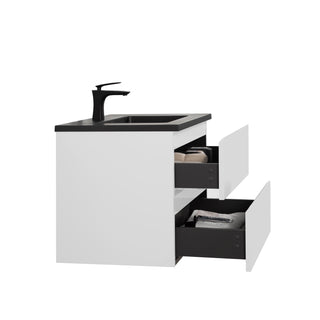 Meuble-Lavabo Mural 28po Blanc Brillant avec Comptoir de Quartz d'ingénierie Noir