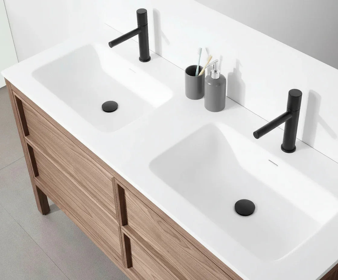 60" Natural Walnut Freestanding Double Sink Bathroom Vanity with White Solid Surface Countertop