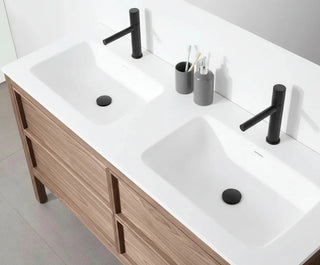 60" Natural Walnut Freestanding Double Sink Bathroom Vanity with White Solid Surface Countertop