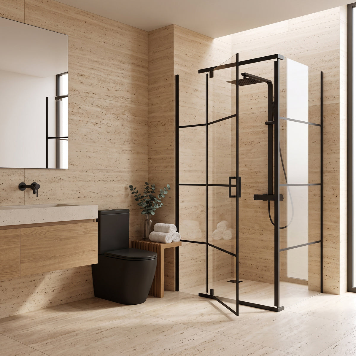 Porte de douche pivotante 42po x 34po x 79po noir mat - Configuration coin 2 murs