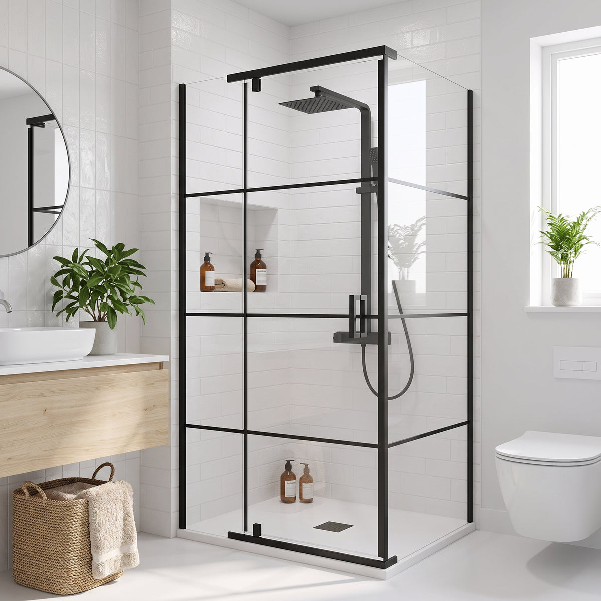 Porte de douche pivotante 42po x 34po x 79po noir mat - Configuration coin 2 murs