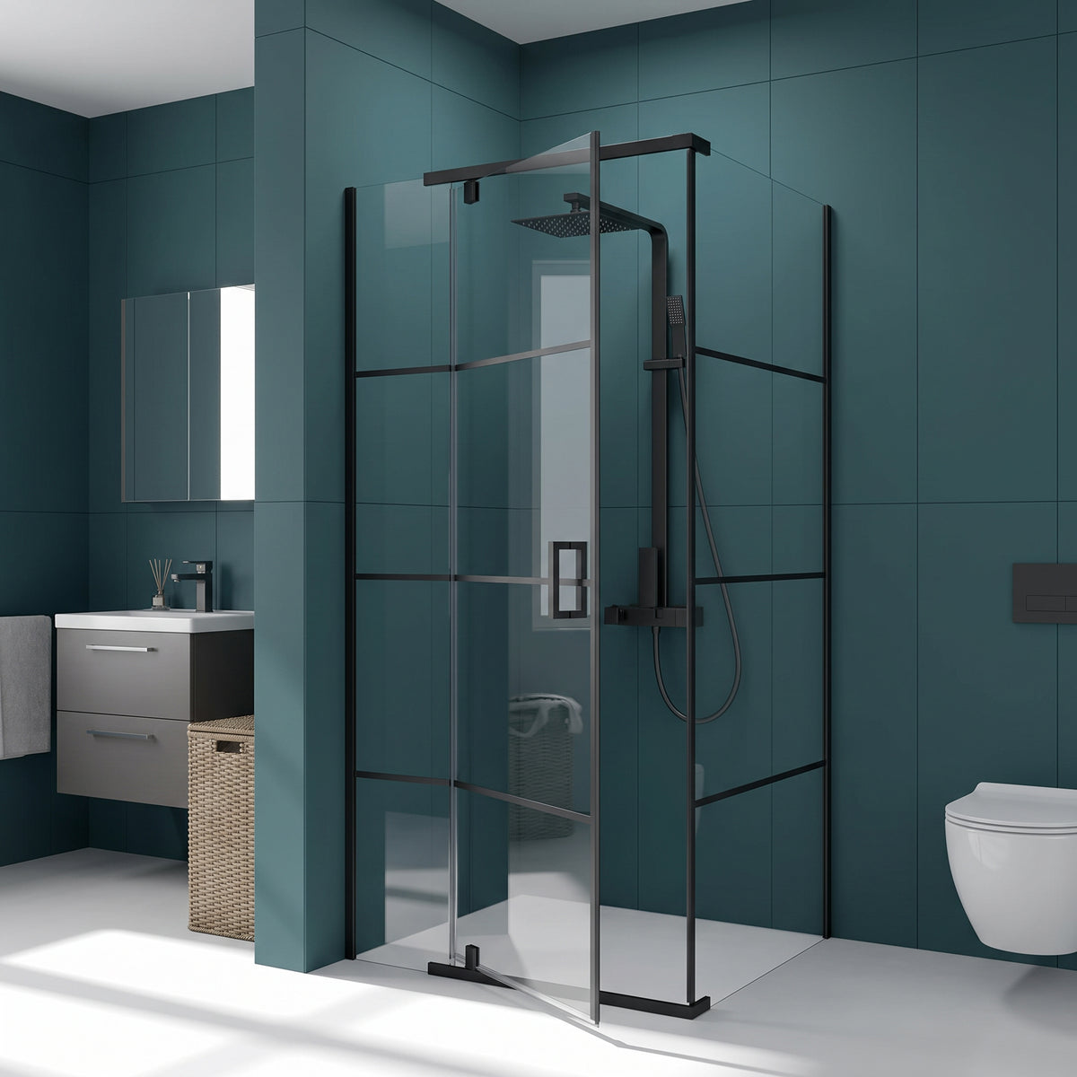 Porte de douche pivotante 42po x 34po x 79po noir mat - Configuration coin 2 murs