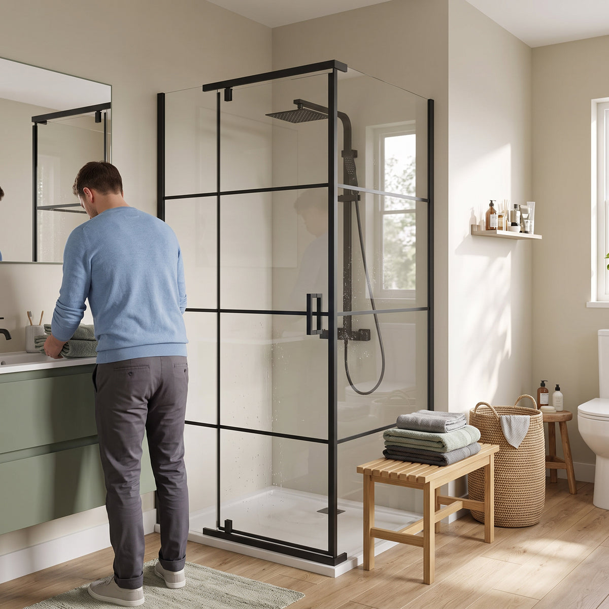 Porte de douche pivotante 42po x 34po x 79po noir mat - Configuration coin 2 murs