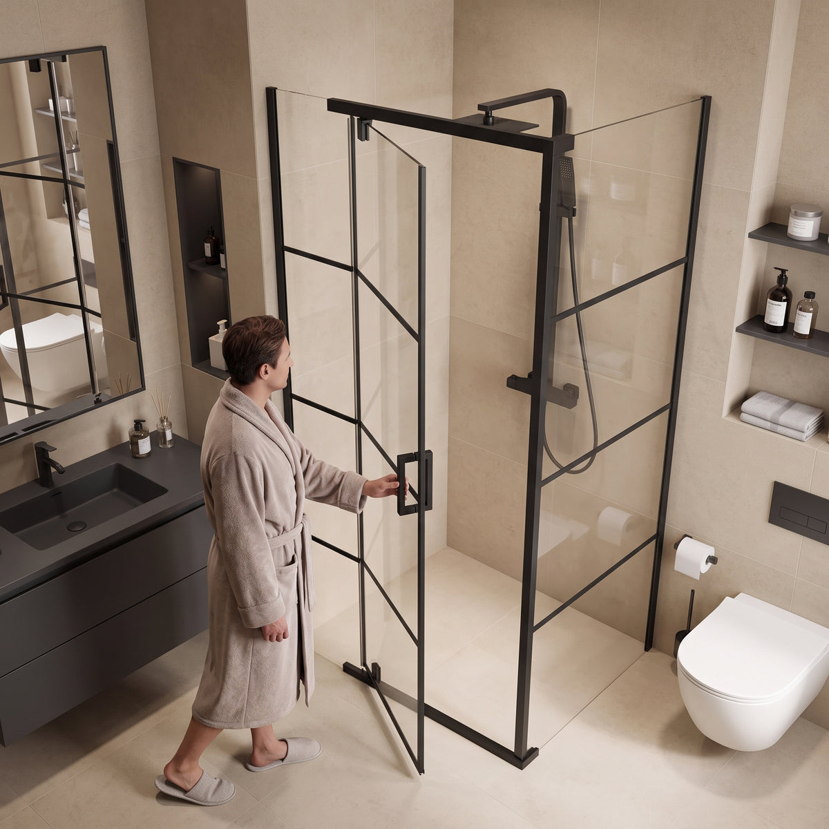 Porte de douche pivotante 42po x 34po x 79po noir mat - Configuration coin 2 murs
