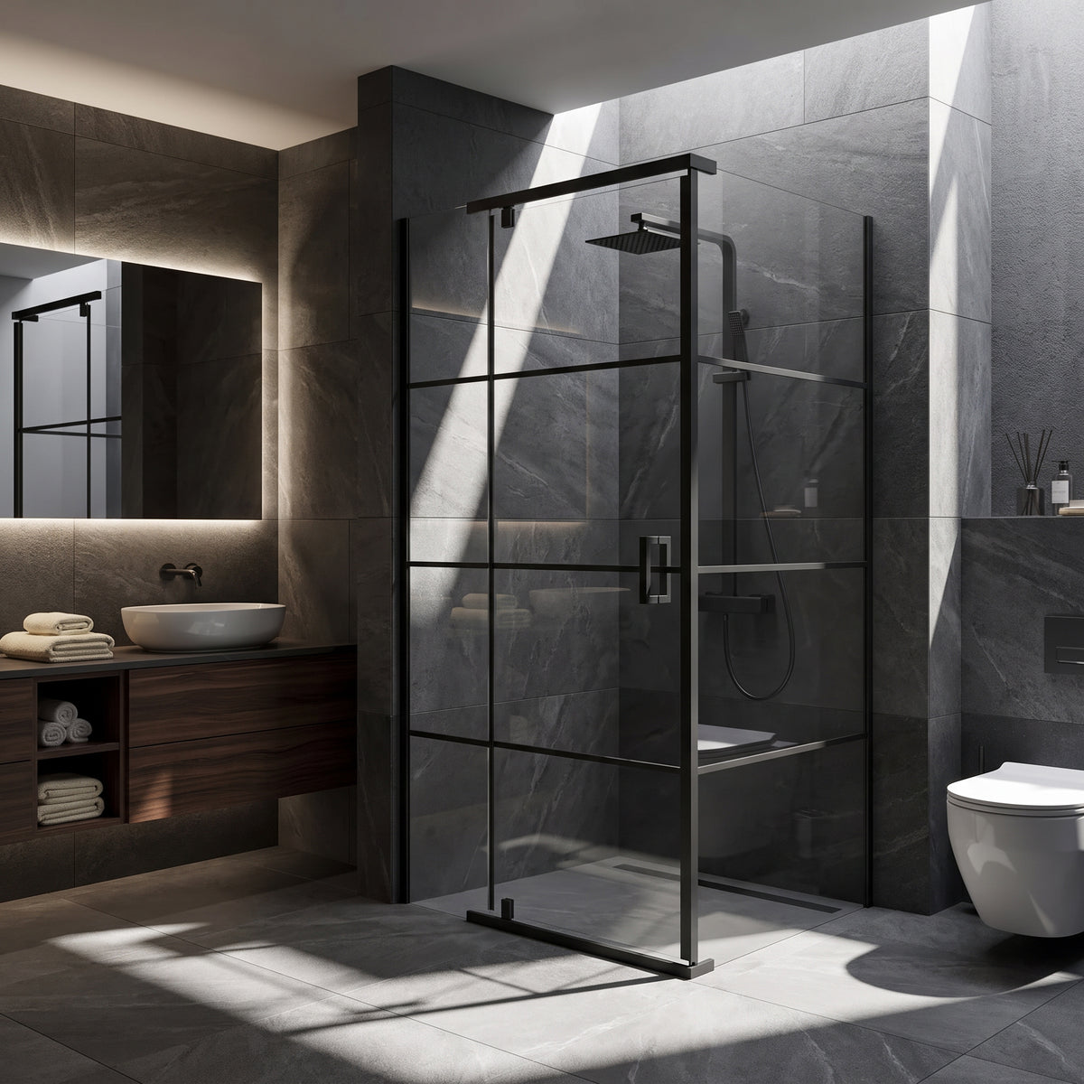 Porte de douche pivotante 42po x 34po x 79po noir mat - Configuration coin 2 murs
