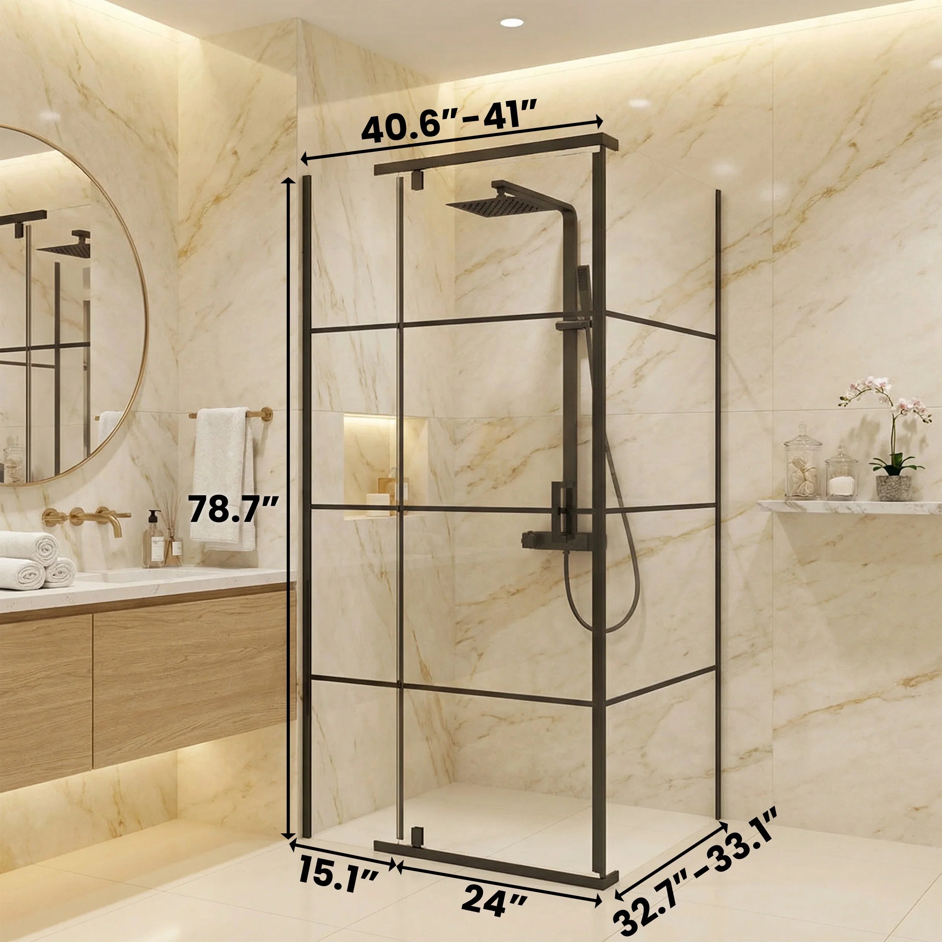 Porte de douche pivotante 42po x 34po x 79po noir mat - Configuration coin 2 murs